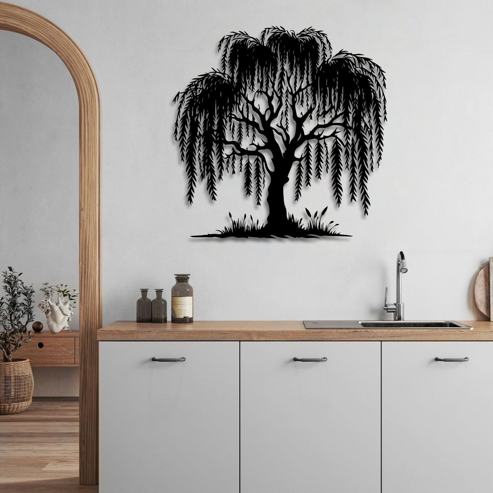 Metalowa sztuka ścienna dekoracja ścienna wierzba, dekoracja wierzby, drzewo do salonu, sypialni, łazienki, biura (złoto, 120 x 120 cm wys., 120 x 120 cm)