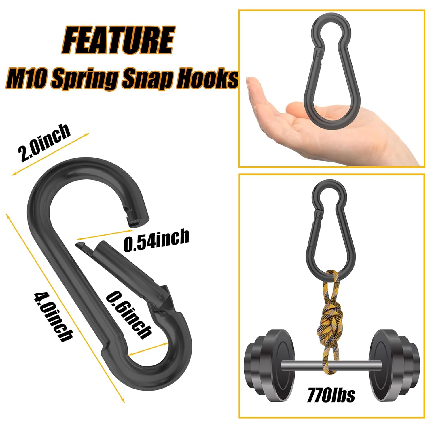 EPHECH 30PCS 4" Black Heavy Duty Spring Snap Hook, M10 3/8" Galvanized Steel Snap Hook Carabiner Quick Link Carabiner Clip, 500LBS Holding Capacity Quick Link Keychain for Swing Hammock Gym Outdoor