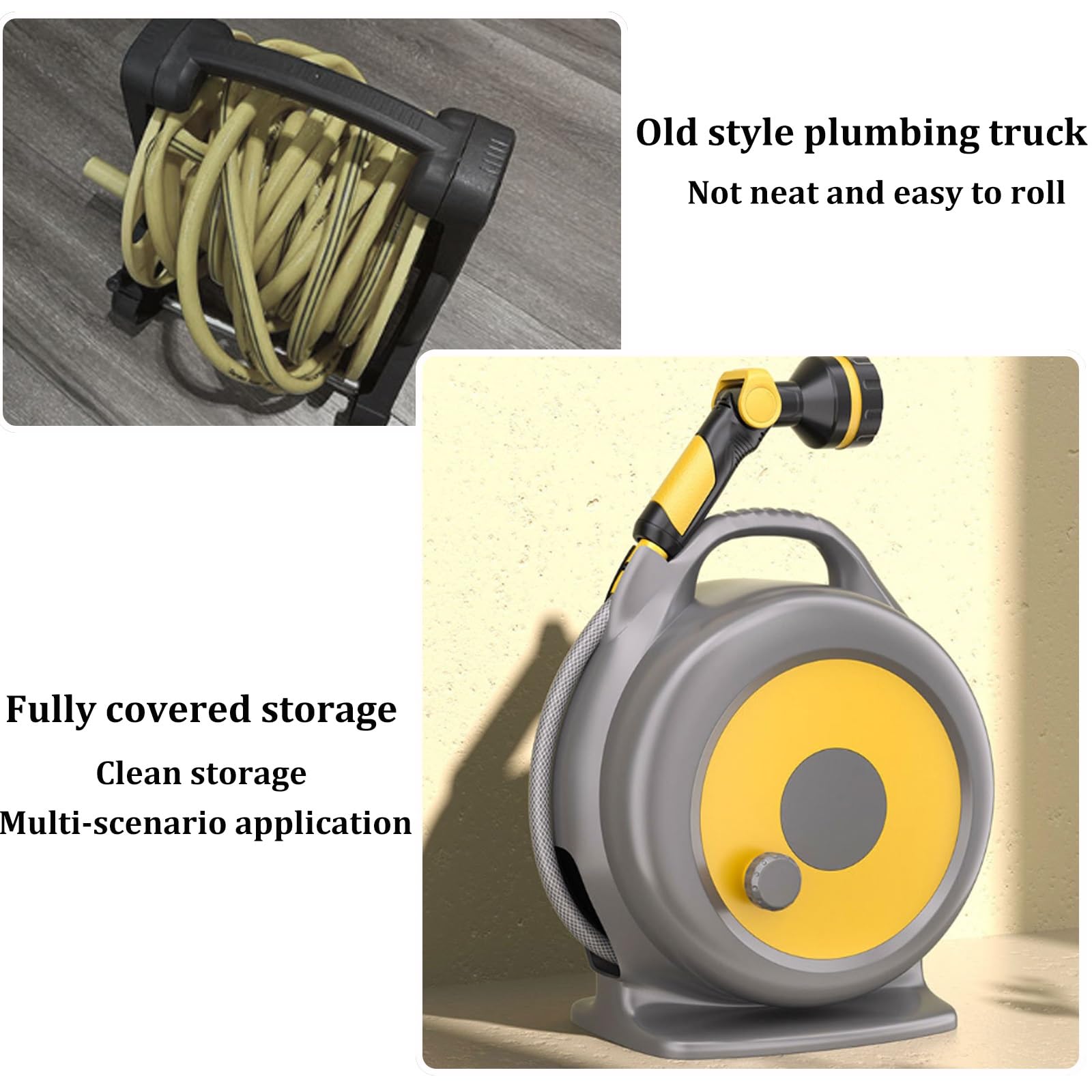 Carrete de manguera con soporte almacenamiento integrado tuberías agua boquilla pulverización ajustable 10 modos mango compacto portátil manguera retráctil riego lavado autos baño mascotas(20m)