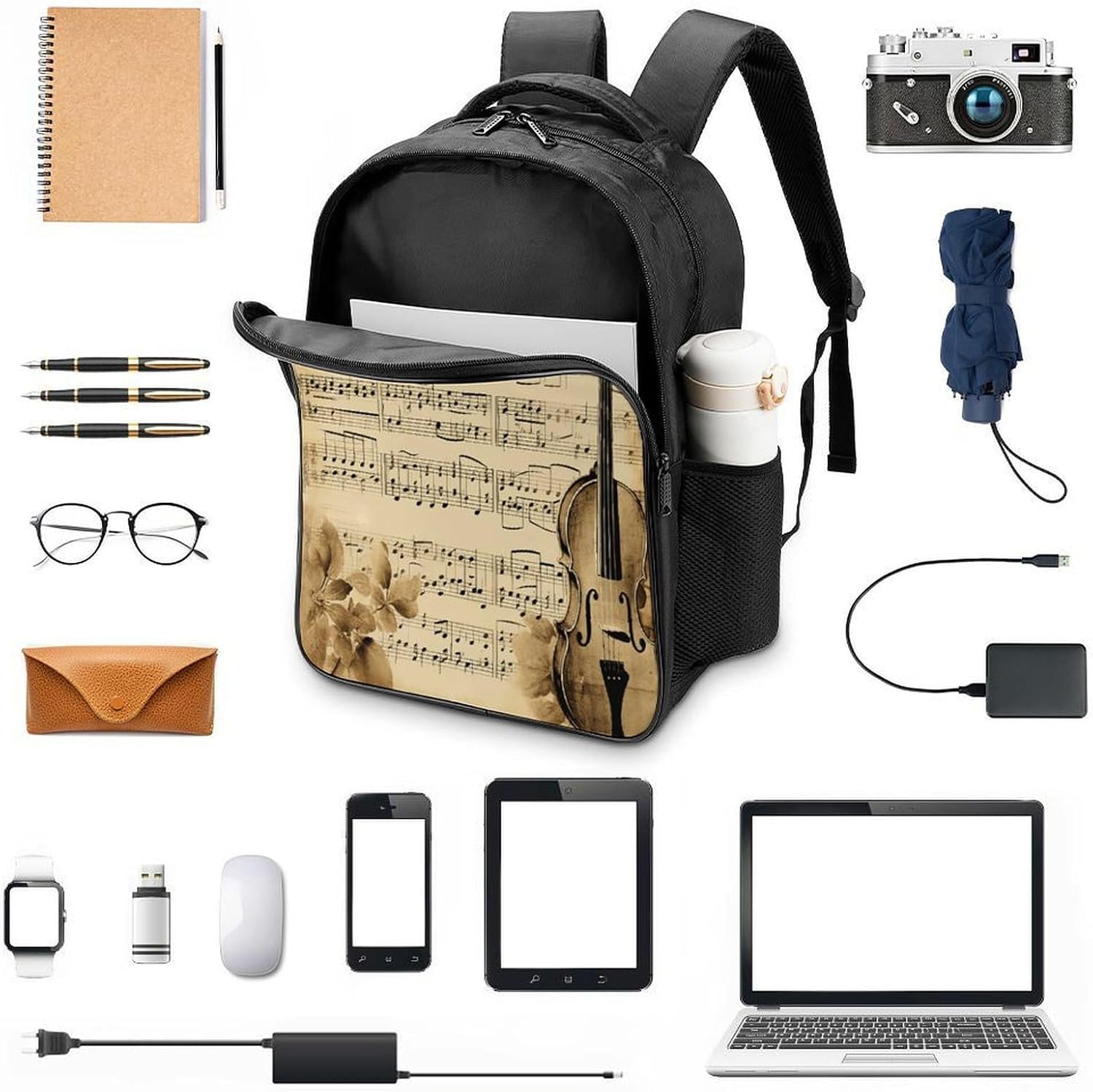 16-Inch Laptop Backpack Water-Resistant Music Notes Daypack Lightweight Casual Rucksack for Travel Commuter Hiking Camping Outdoor Activities-Black image 4