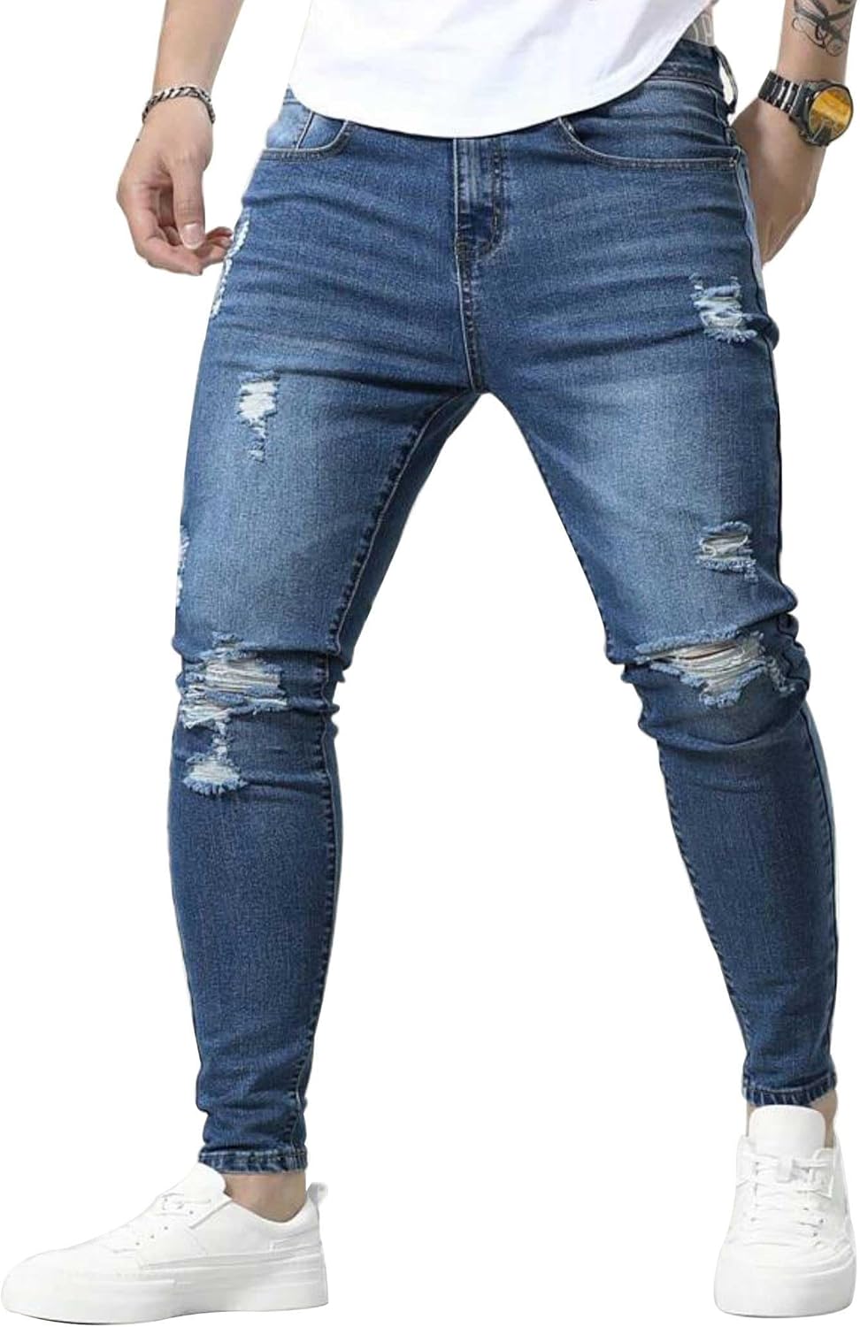 HUNGSON Skinny Jeans for Men Stretch Slim Fit Ripped Distressed(Blue,36) - Image 2