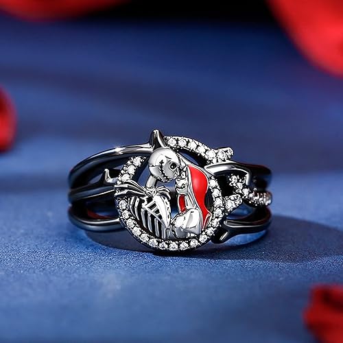 Miniatura 5 de Jeulia Anillos de diamantes de calavera gótica anillos de plata de ley con esqueleto de Jack y Sally para Halloween, joyería romántica de pesadilla