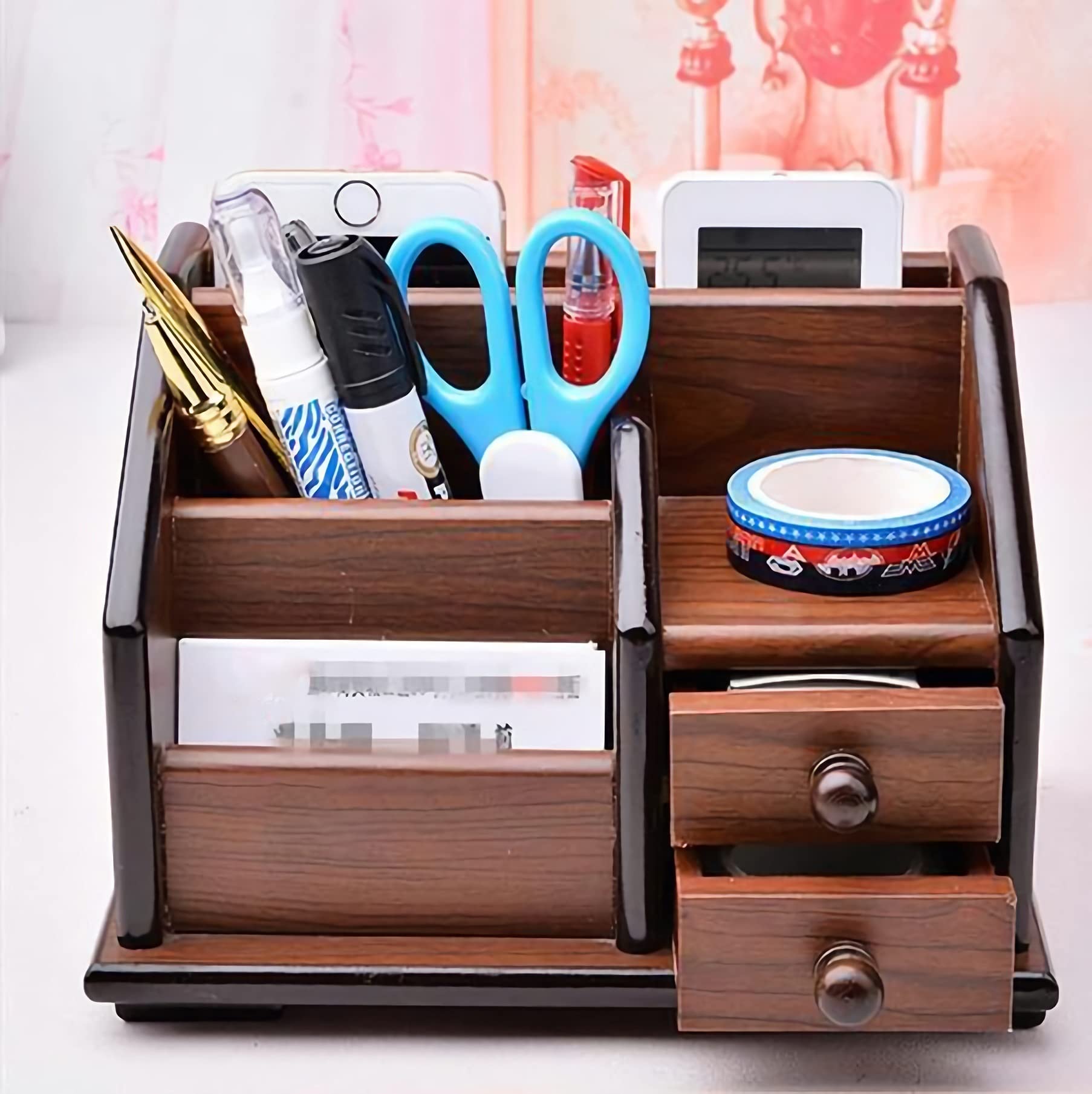 Titular de la Pluma con 4 Compartimentos,Caja de Organizador de Oficina de Madera con Tarjetas de Nombres de Negocios/teléfono móvil/cajón extraítico