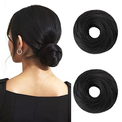 Hairro 2 piezas de cabello humano desordenado con banda elástica de goma para coleta, para mujer, 1.62 oz, #01, negro oscuro #01, 2 unidades