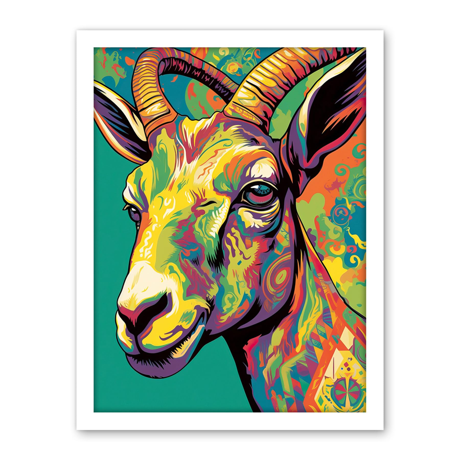 Artery8 The Trippy Goat Psychedelic Portrait Vibrant Colourful Patterns Modern Pop Art Artwork Framed Wall Art Print 18X24 Inch