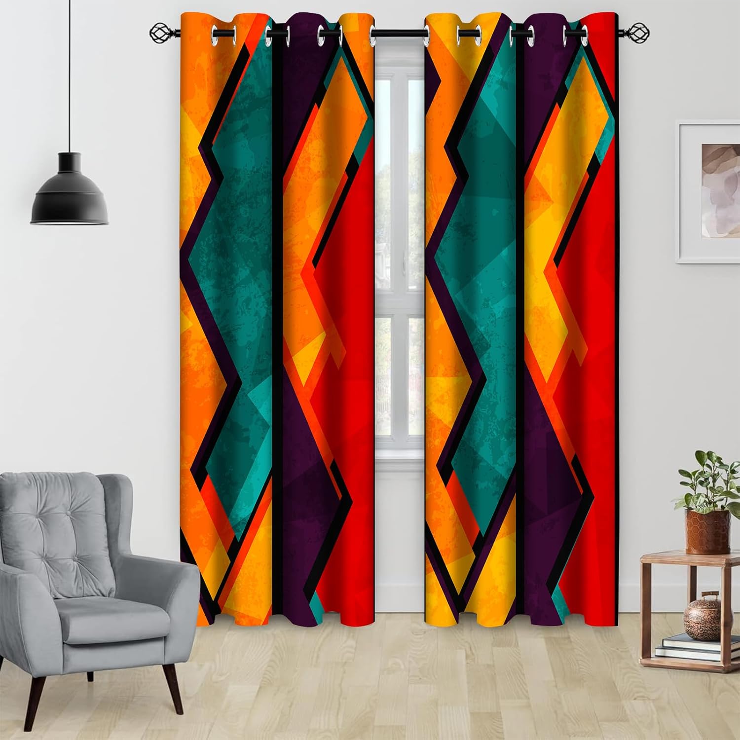 Colorful Abstract Blackout Window Curtains, Geometric Red Orange Cyan Pattern Aesthetic Art Living Room Bedroom Decor Thermal Curtain Darkening Grommet Window Drapes Treatments, 2 Panels 52x84 Inch
