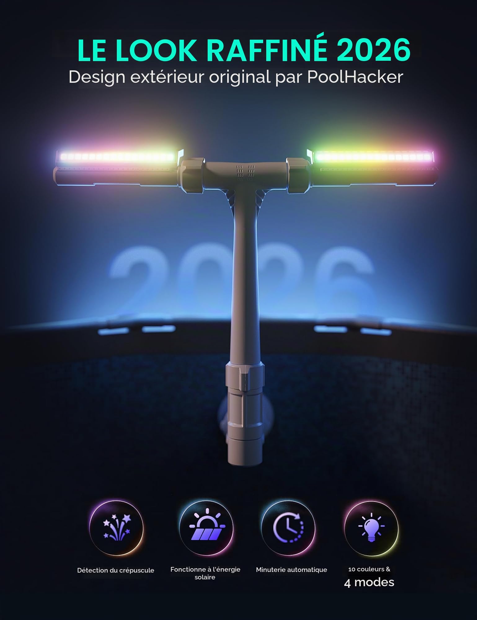 POOLHACKER Fontaine de piscine solaire avec éclairage LED 10 couleurs, design nouvellement affiné, capteur crépusculaire automatique et minuterie, télécommande, jet réglable à double tête pour