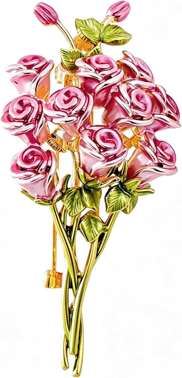 Pink Rose Bouquet Enamel Brooch Gold Tone Floral Lapel Pin with Green Leaves Elegant Flower Brooch for Women Carnation hand-held Flower Pin