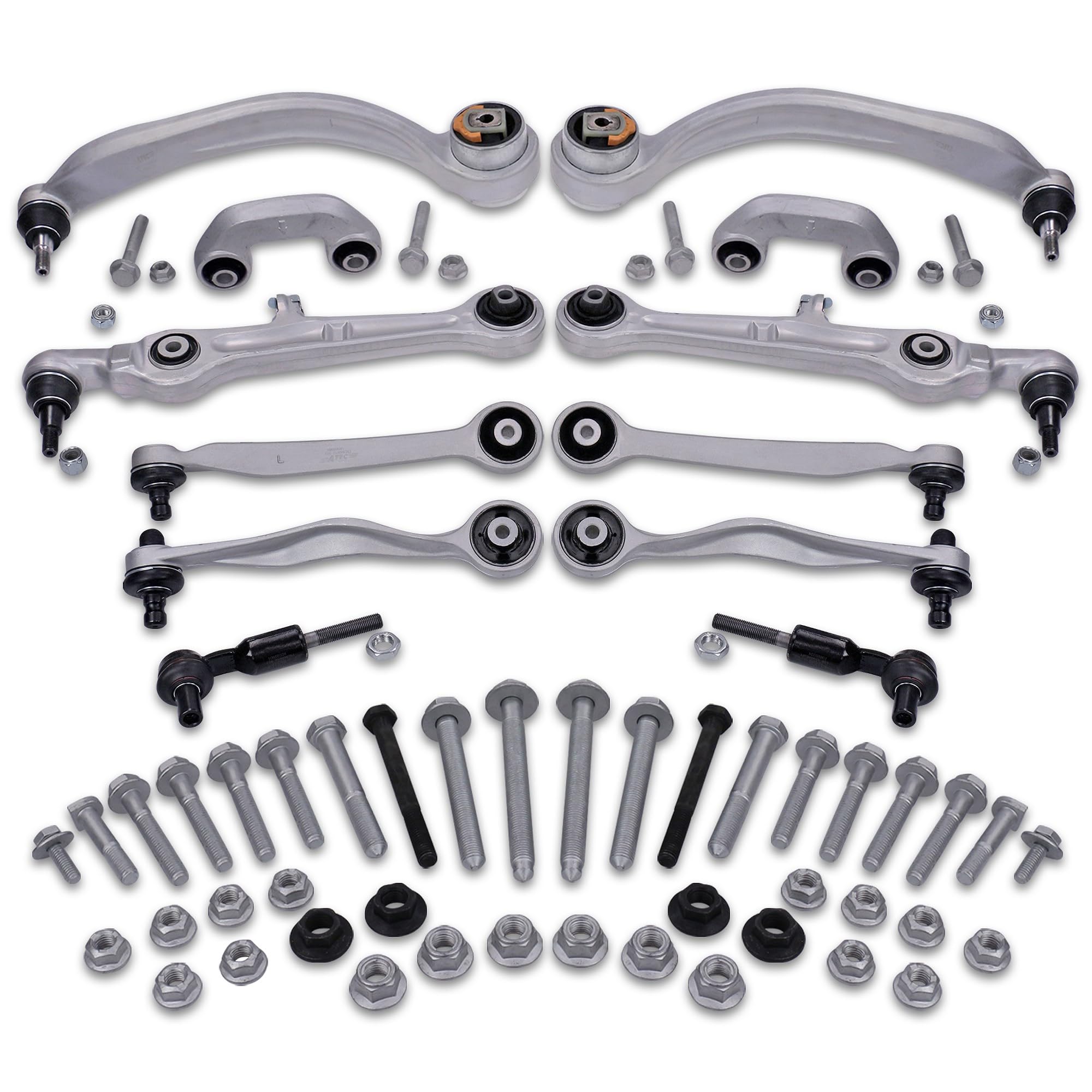 1x Querlenkersatz Reparaturset Vorderachse 14-teilig MIT 4X QUERLENKER OBEN HINTEN/VORNE LINKS/RECHTS +4X QUERLENKER UNTEN HINTEN/VORNE LINKS/RECHTS +2X KOPPELSTANGE +2X SPURSTANGENKOPF +1X SCHRAUBENS