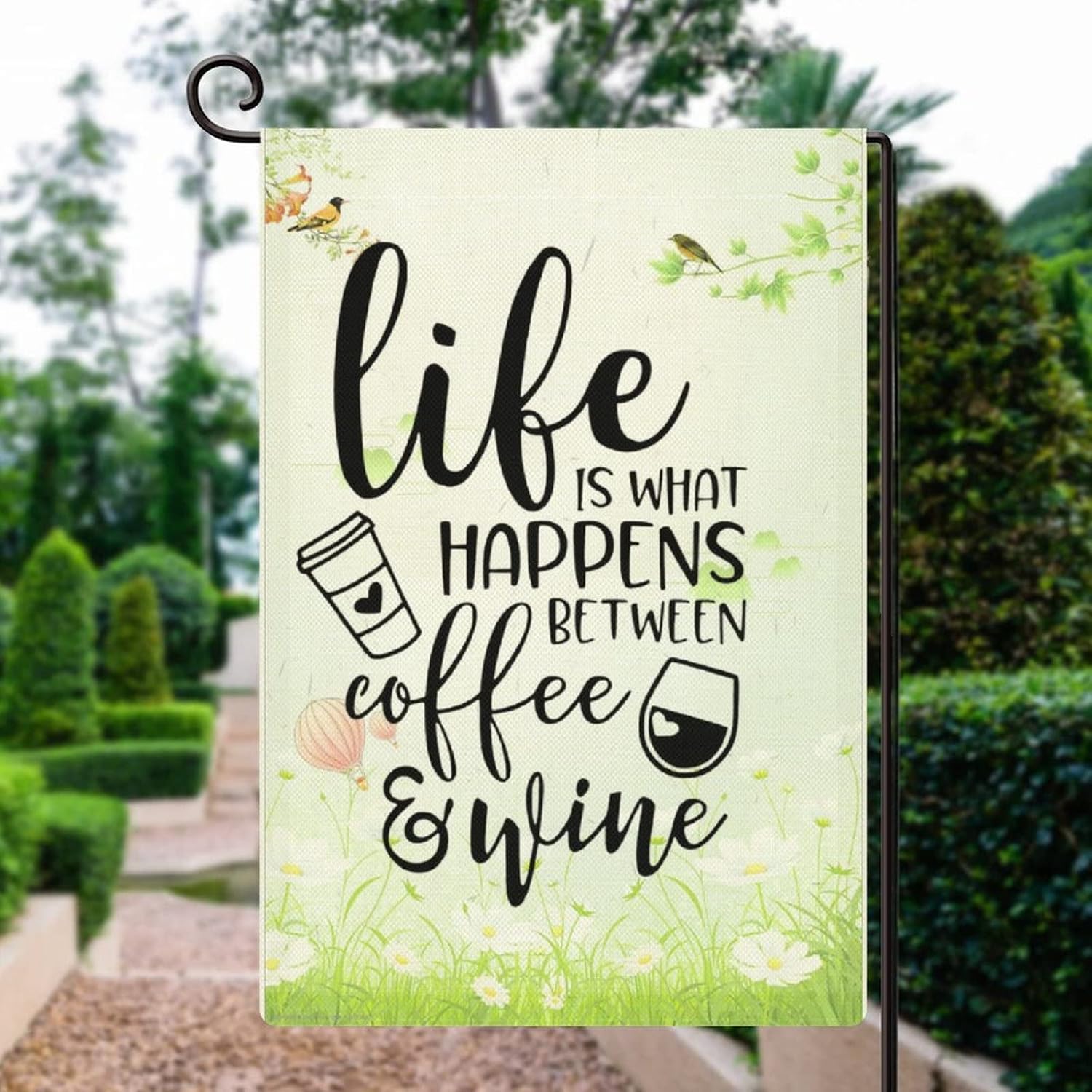 Rustic Farmhouse Garden Flag 28×40 Inch Double Sided Life Is What Happens Between Coffee And Wine Welcome Flag for Outside Yard Decorations Seasonal Banners