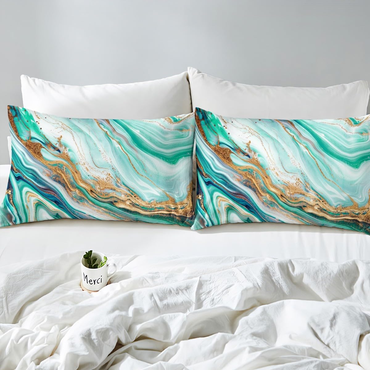 jejeloiu Turquoise Marble Fitted Sheet Modern Marble Aesthetic Bed Sheet Set Twin Size Retro Watercolor Artwork Design Bedding Set Marble Texture Printed Bed Cover Deep Pocket with 1 Pillow Case
