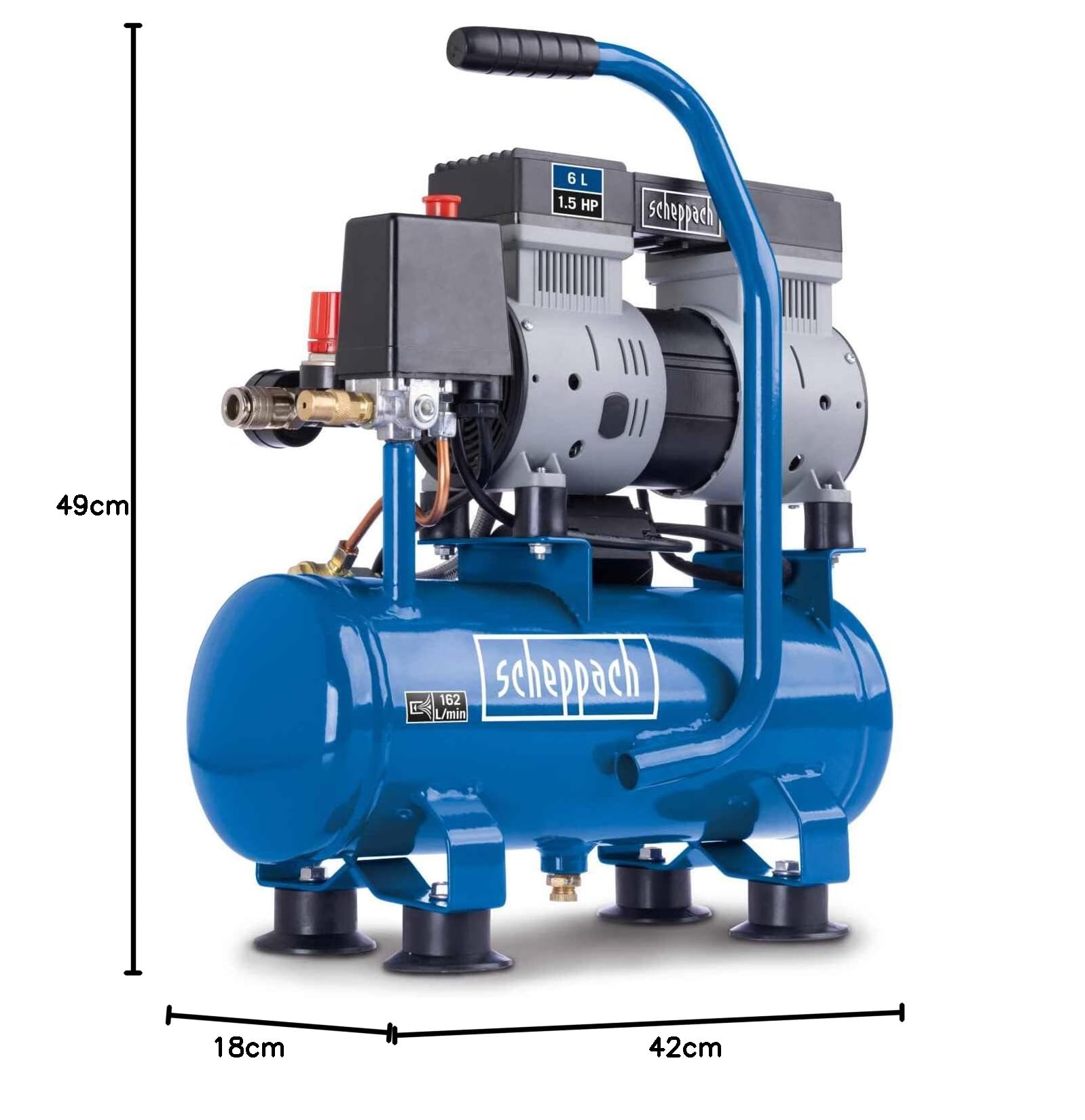 Scheppach HC08Si Compresseur ultra silencieux | 8bar | Cuve de 6L | 1,5CV / 1100W | Sans huile & entretien réduit | Débit d'aspiration 162 L/min | Compresseur silencieux