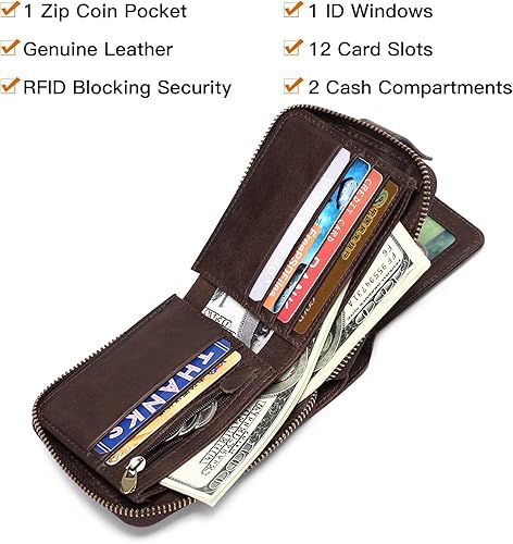 Miniatura 5 de GOIACII Billetera plegable de piel auténtica con bloqueo RFID y bolsillo para monedas con cremallera para ventana de identificación Coffee s Cartera