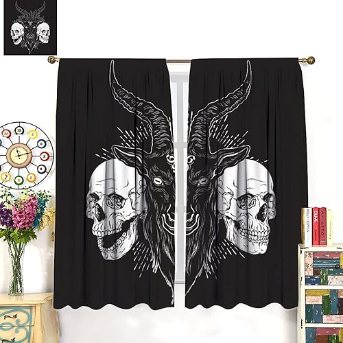 Vista 317 de Cortinas de cabeza de cabra, misteriosa cabeza de cabra malvada, calavera negra, bolsillo para barra, cortinas opacas para ventana, juego de 2