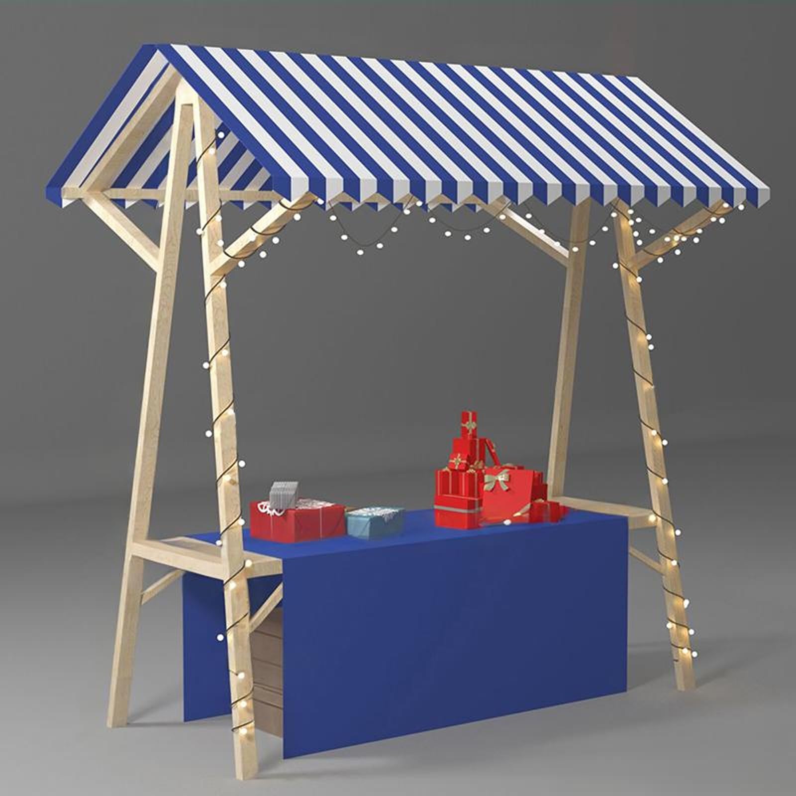 Présentoir extérieur mobile en bois bleu 120 cm avec auvent rayé pour marchés
