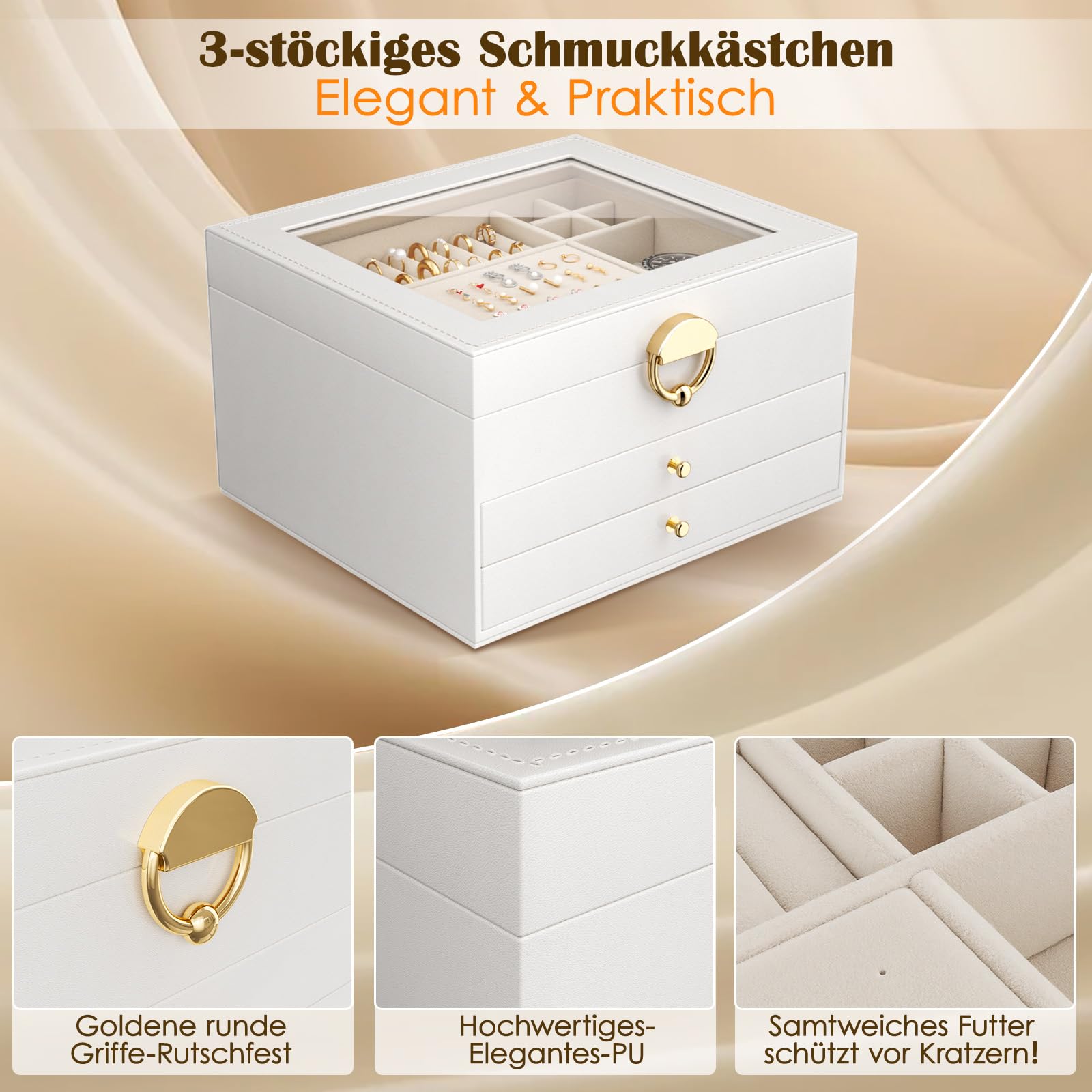 3-Stöckiger Schmuckkästchen Groß Schmuckorganizer mit transparentem Deckel für Schmuckstücke, Ketten & Armbänder, stabile Schmuckaufbewahrung mit Samtfutter (Mattweiß)