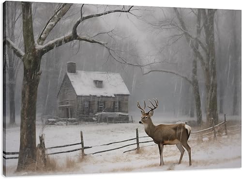 Lienzo decorativo para pared, diseño de ciervos y árboles, nieve, valla de granja, pintura rústica, paisaje de nieve de invierno, póster para