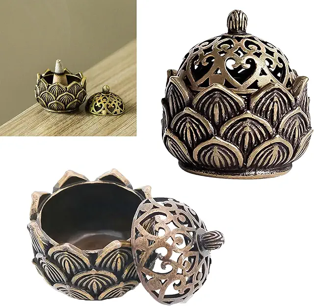 Brûleur Encens Fleur de Lotus - 2 Pièces Rétro en Alliage Cuivre, Décoration Maison et Bureau