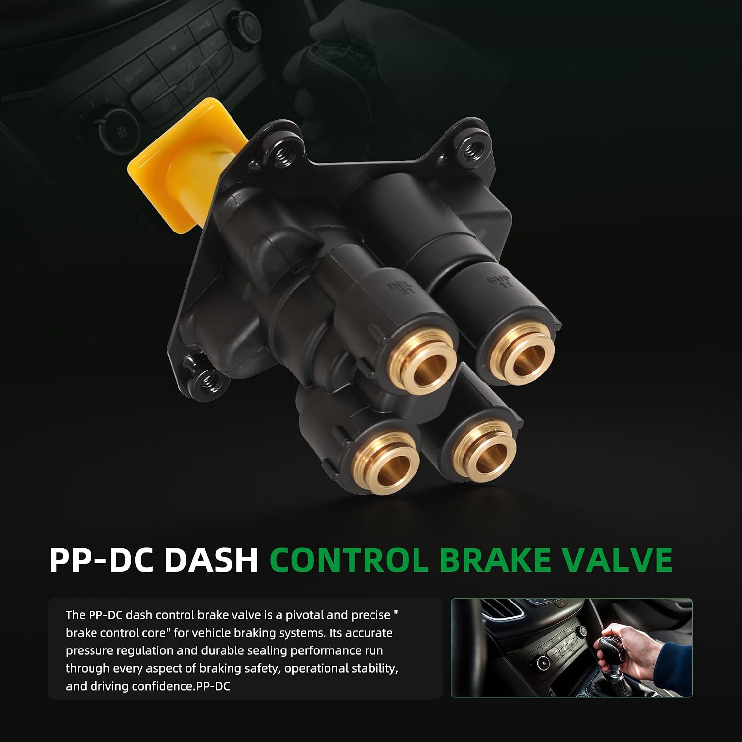 PP-DC Dash Control Brake Valve Fit for Bendix 800733, IHC 2032342C91, Metal Air Control Valve with 3 Ports, 3/8 in Threaded Inlet, NPT Outlet, Polypropylene Body, Black Yellow