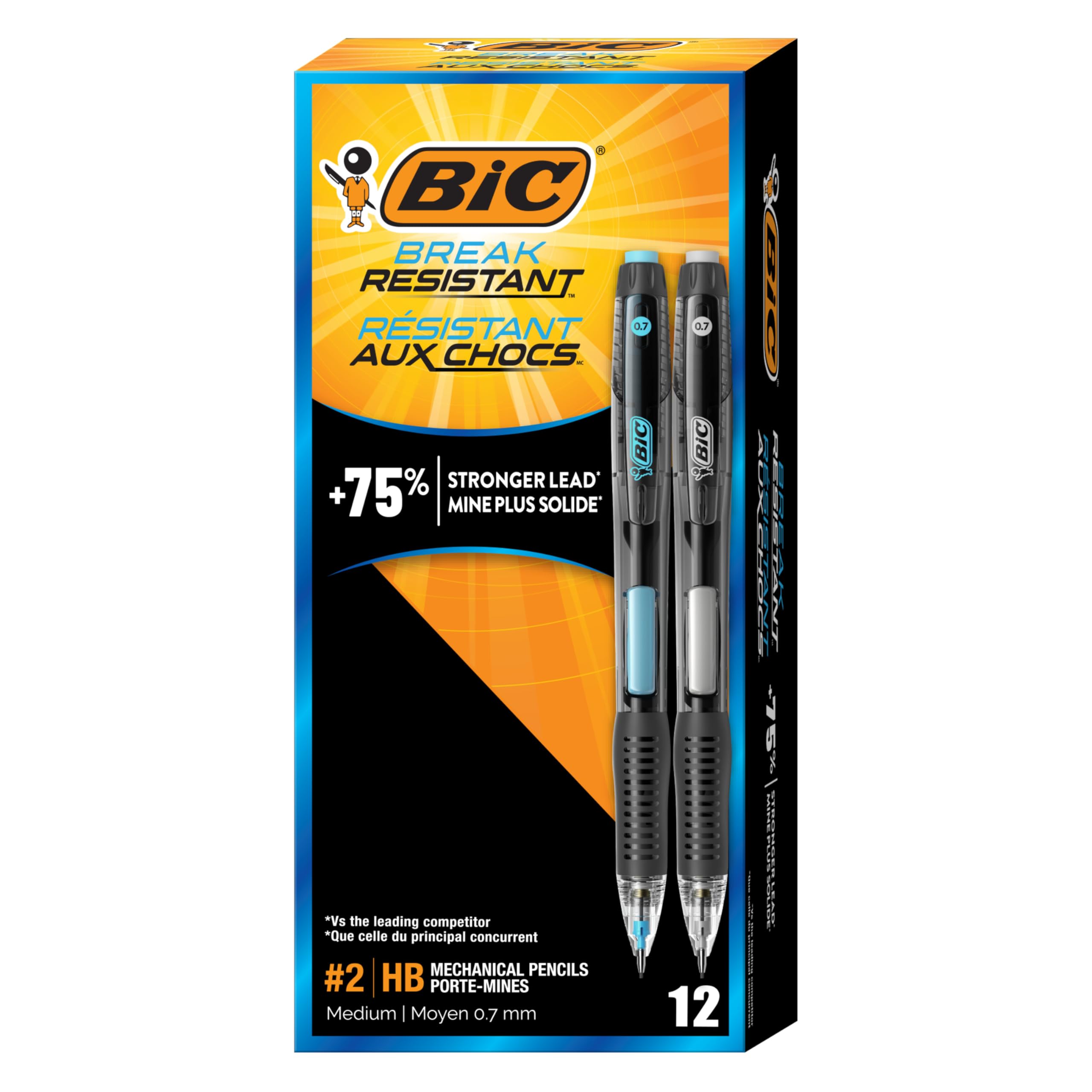 BIC Bruchfeste Druckbleistifte mit Radiergummi, Nr. 2 mittlere Spitze (0,7 mm), 12 Stück Bleistifte für Schule oder Bürobedarf | Inklusive Radiergummis, idealer Schulbedarf für Schüler und Lehrer, mit bruchfester Mine und konturiertem Griff