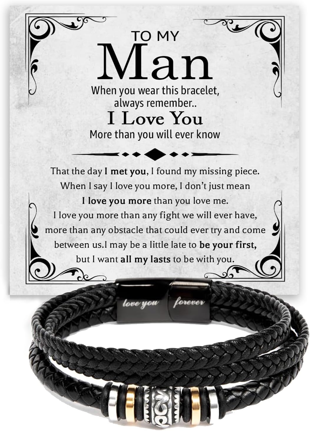 To My Man Bracelet Gifts, Romantic Gift For Him Husband Boyfriend Sentimental, Husband Boyfriend Mens Braided Leather Love You Forever Bracelets Valentine Birthday Christmas Gifts for Him