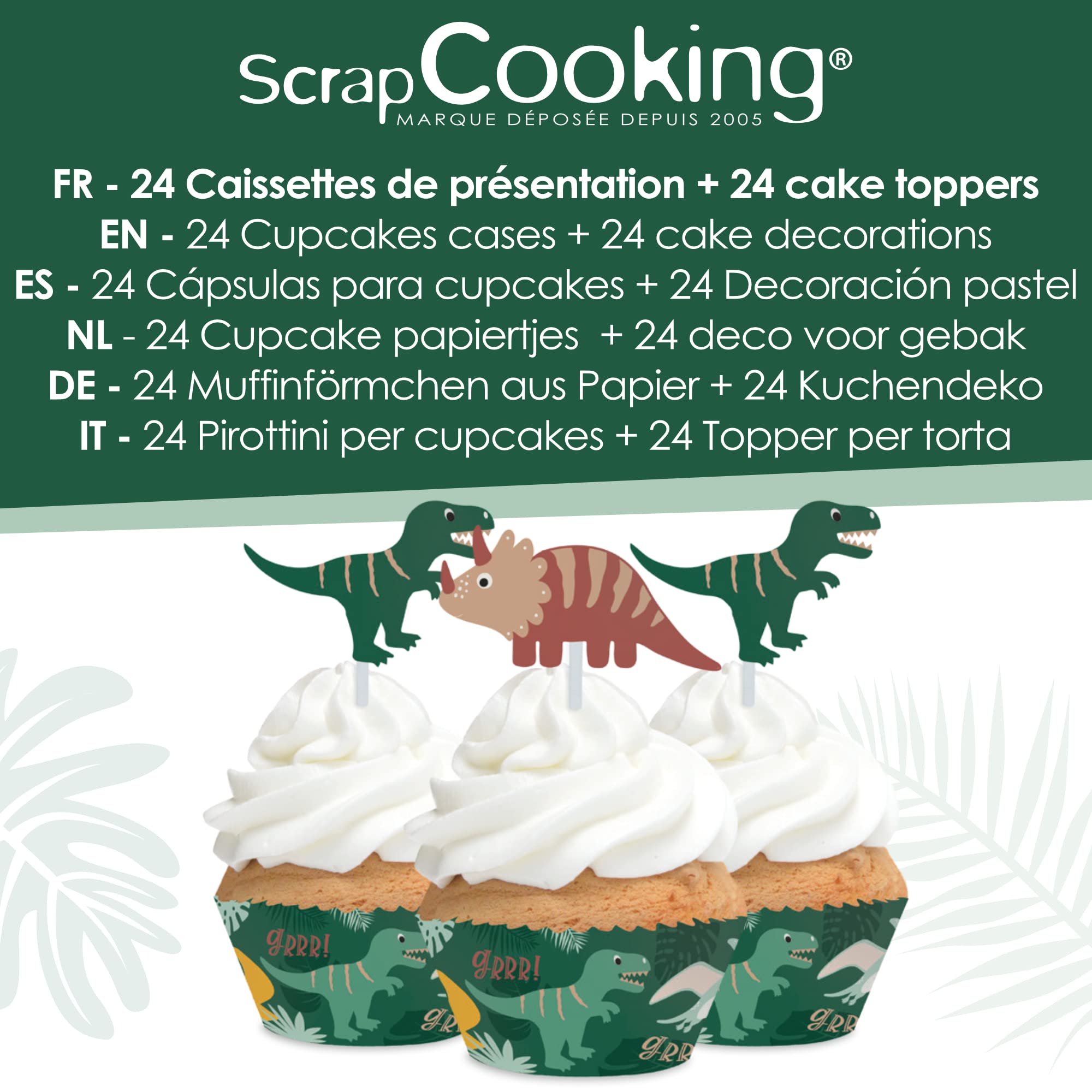ScrapCooking - Zestaw 24 foremek i topperów do babeczek - Motyw Dino - Dekoracje do ciast, deserów, ciast, ciastek, urodzinowych - Wzór ciasta
