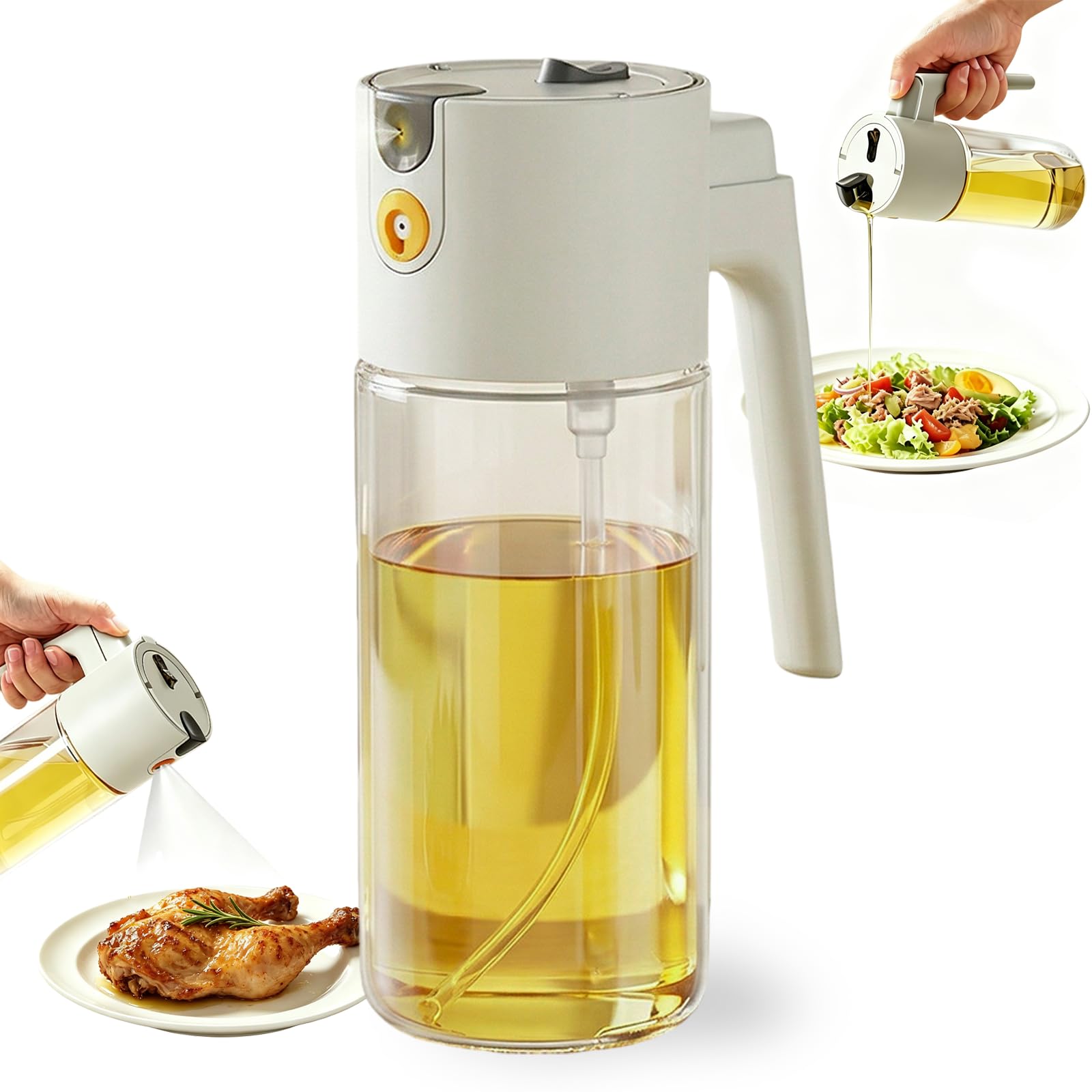CHSEEO Olive Oil Sprayer Bottle for Cooking 600ml – 2-in-1 Spray & Pour, 304 Metal Filter Anti-Clog, 60°3D Atomizing Spray for Salad BBQ Steak Stir fry