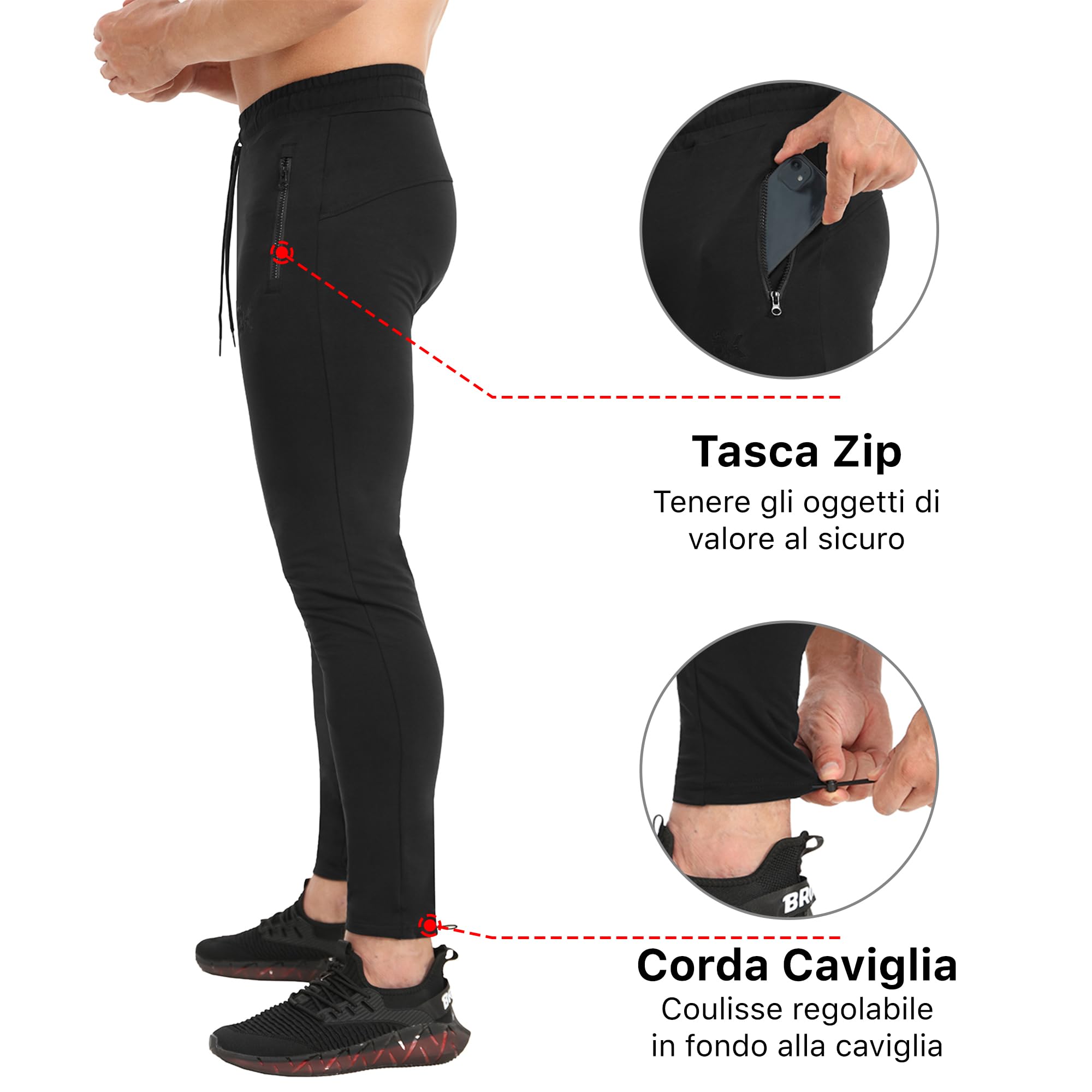 BROKIG Cavigliacorda Pantaloni Tuta Palestra Uomo, Pantalone da Uomo Sportivi Corsa Jogging Fitness con Tasche Zip