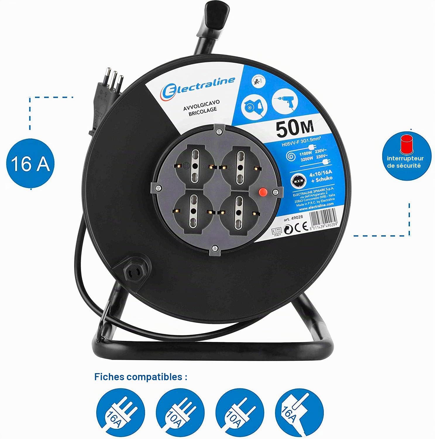 Electraline 49028 Rallonge avec enrouleur de câble 50 m 4 prises Pozi (Schuko + 10/16 A) Grand Fiche 16 A, avec protection Noir – Section Câble 3 G 1,5 mm²