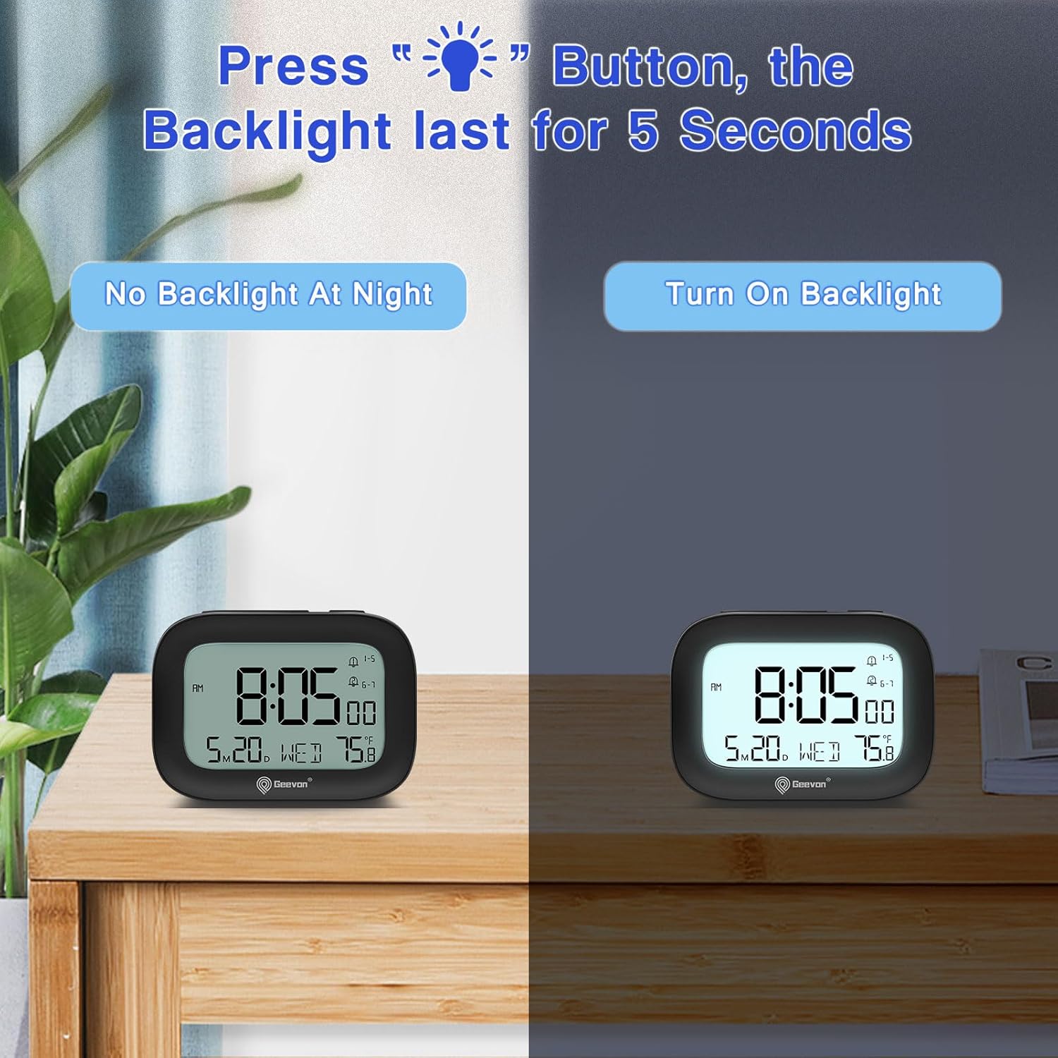 Geevon Small Travel Alarm Clock showing backlight function