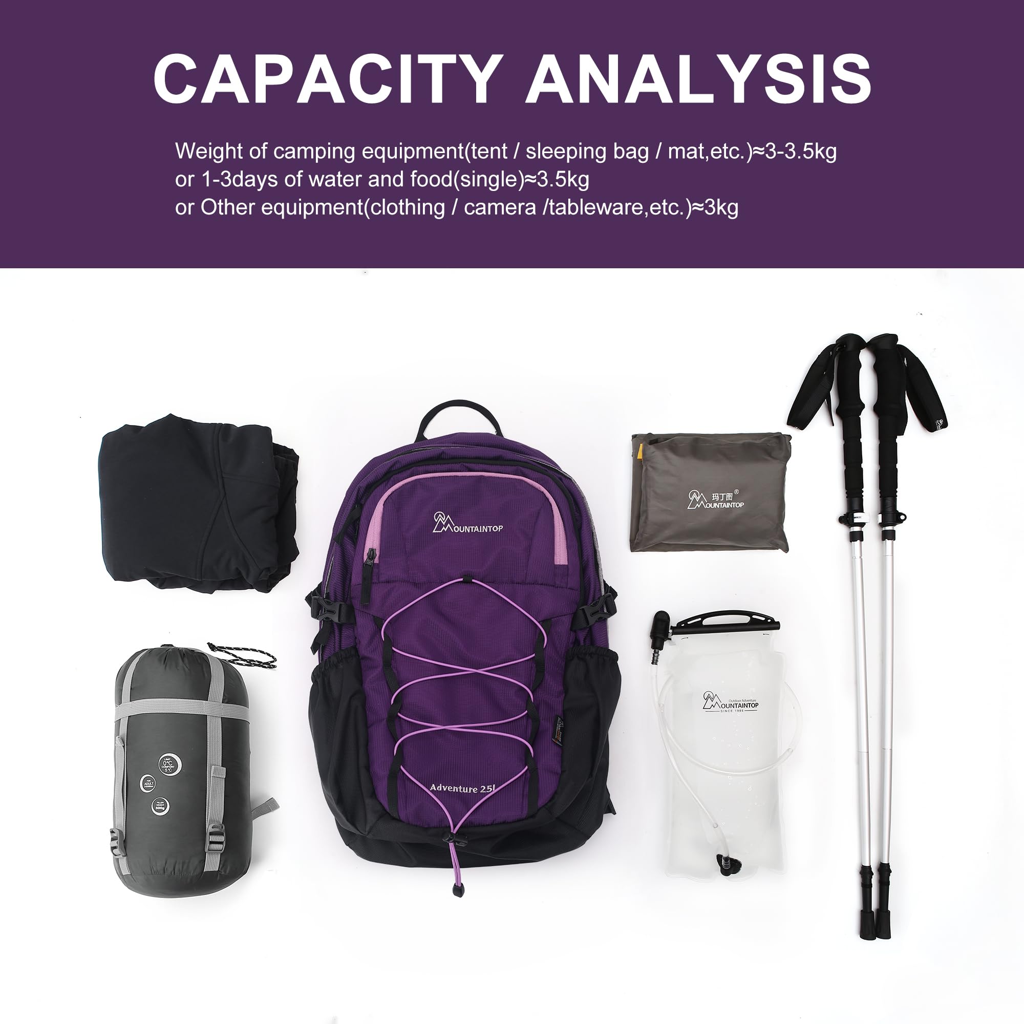 Mountaintop Sac à dos de trekking 25 l/30 l pour homme et femme avec housse de pluie pour la randonnée, 25 l - Violet, 25L, Pour l'extérieur