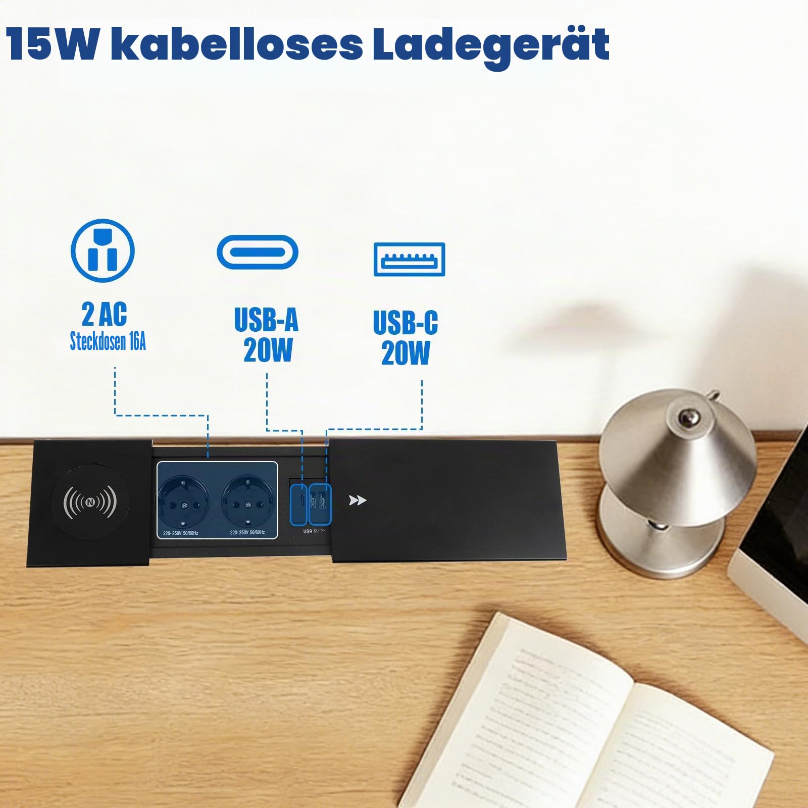 Einbau Steckdosenleiste, 2 Fach Versenkbare Einbausteckdose mit 15W Kabelloses Ladegerät und USB-C, Steckdose Versenkbar mit Schiebedeckel für Schreibtisch Sofatisch Konferenztisch