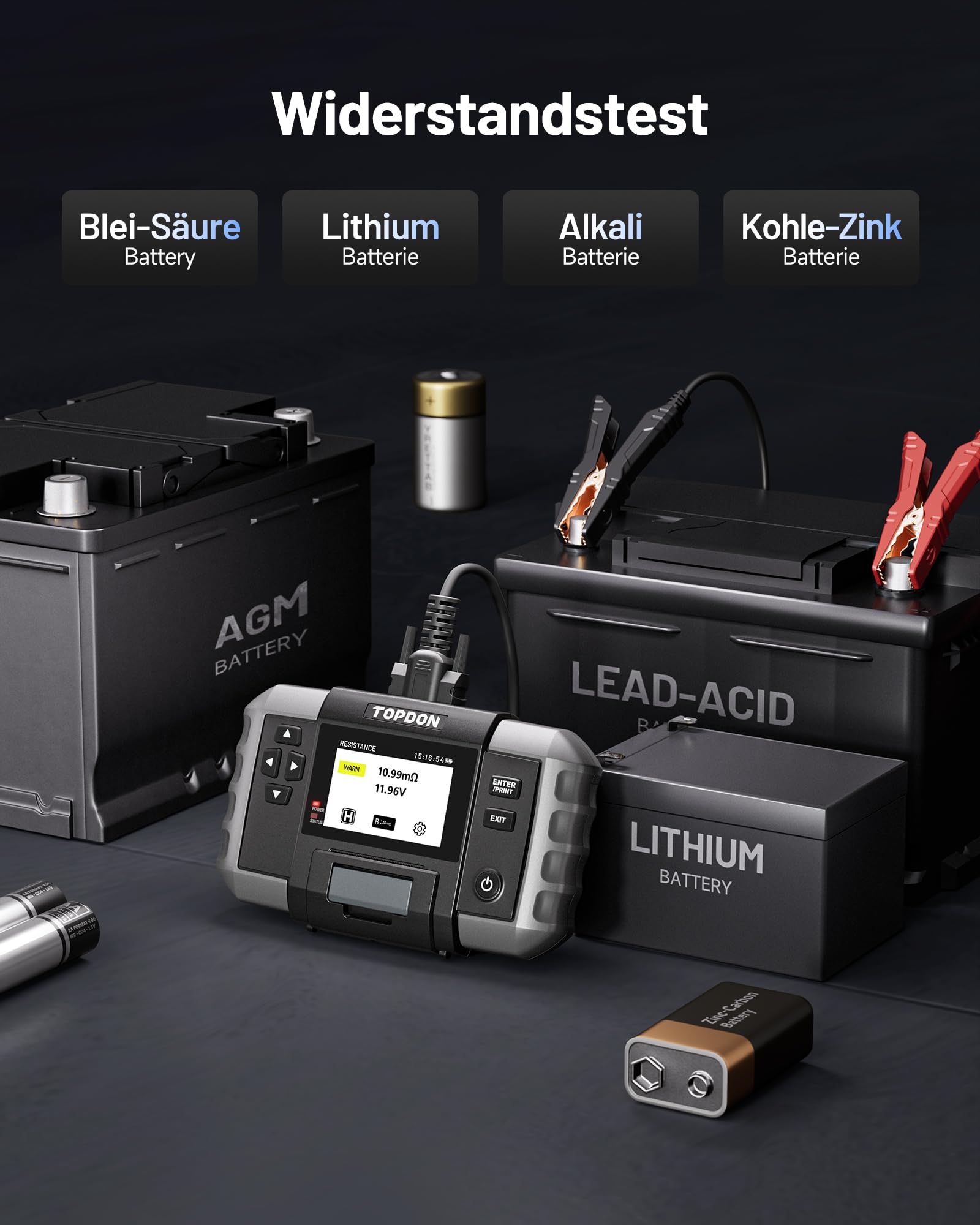 TOPDON Batterietester KFZ BT600 Plus, 6 V/12 V/24 V Batterietests, 100–2000 CCA, 12 V/24 V Starttest/Ladetest/Systemtest, Autobatterie Tester mit eingebauter Batterie und Drucker, 2 gepaarte Klemmen