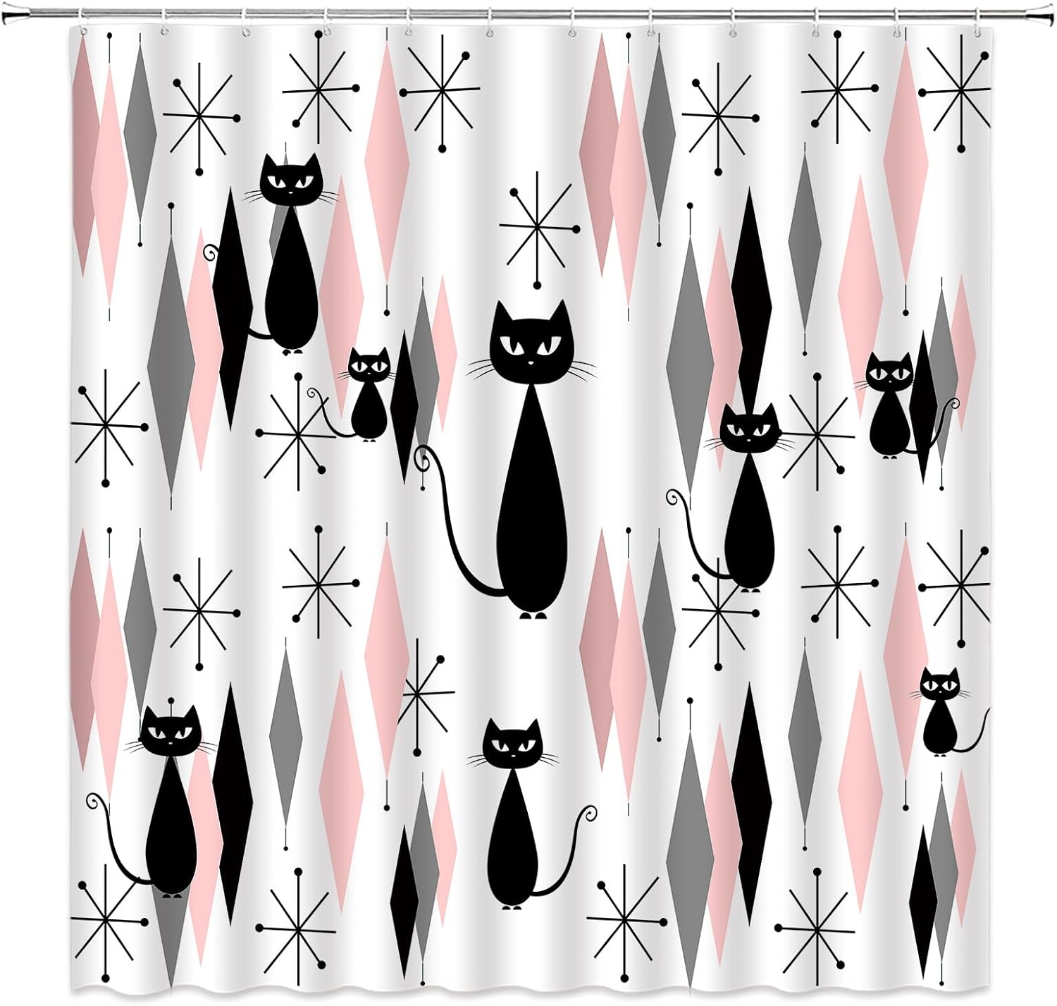 Mid Century Black Cat Shower Curtain Atomic Cat, 72 x 72 Inch