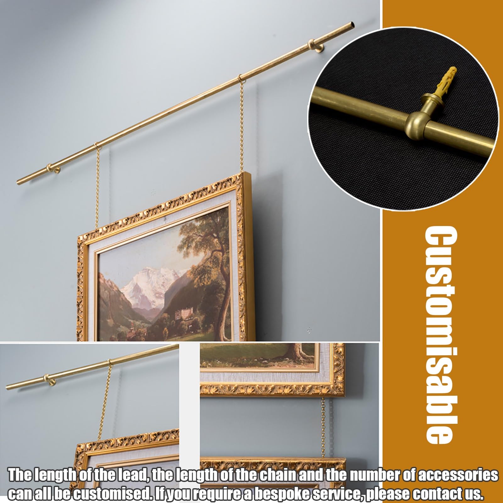 Messing Bilderschienen Aufhängesystem – Verstellbare Galerieschienen für Bilder mit Haken und Goldener Kette – Für Wandkunst, Bilderrahmen, Leinwand – Wohnzimmer, Büro, Galerie(100cm/39in)