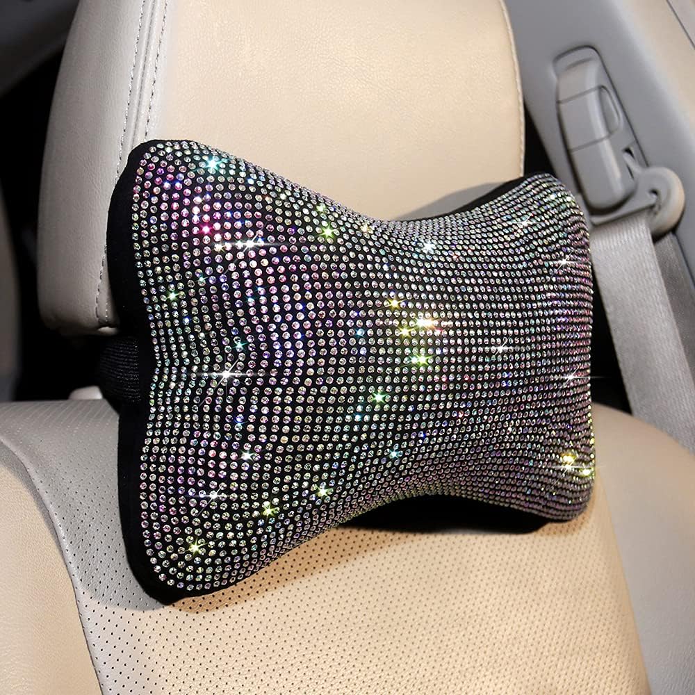 Carwales 2 Pcs Colorful Bling Car Neck Pillow for Car Seat Driver, Auto Seat Headrest Cushion Driving Relax Neck Support Crystal Rhinestone Diamond Rainbow Bling Accessories for Woman