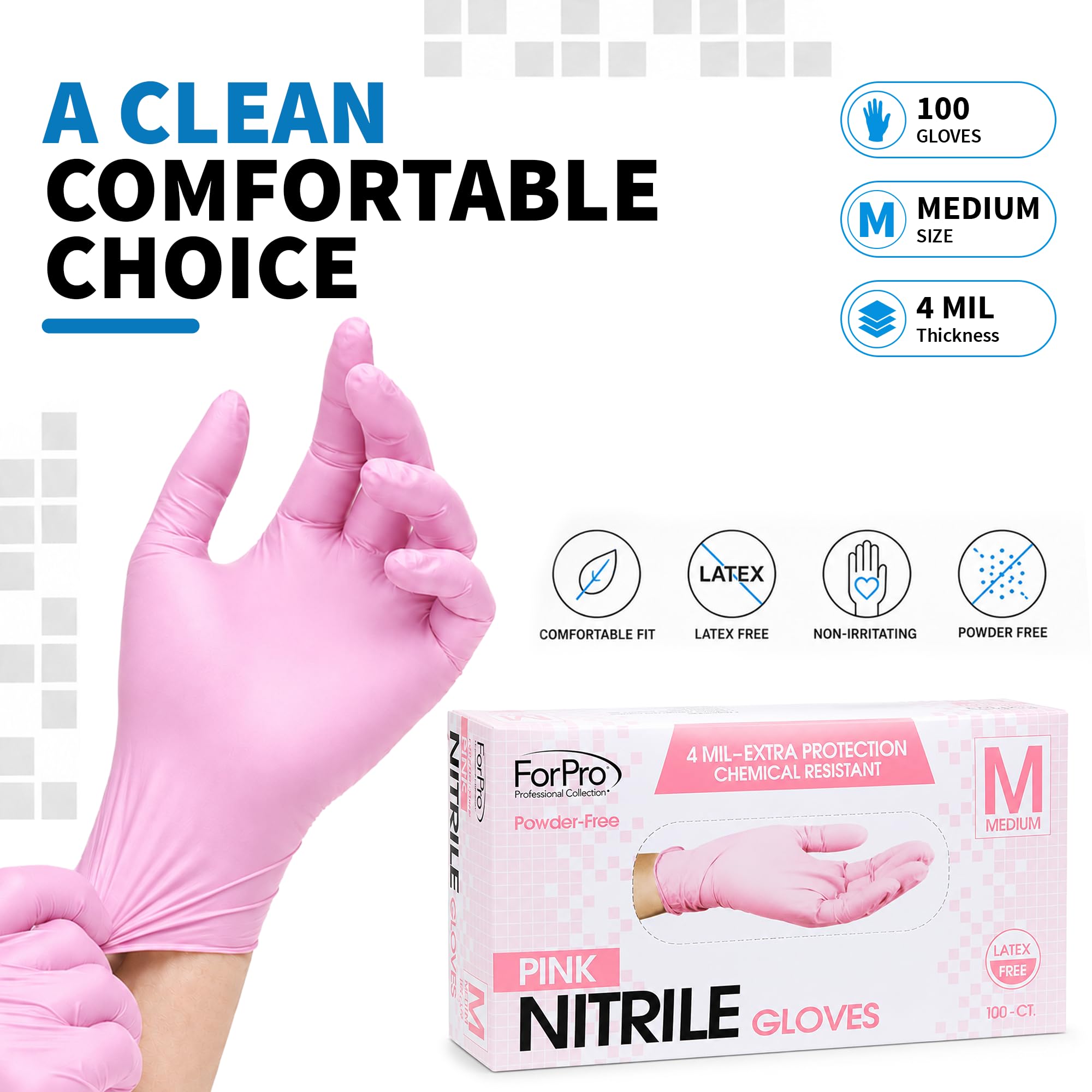 ForPro - Guantes desechables de nitrilo, resistentes a los químicos, sin polvo, sin látex, no estériles, seguros para alimentos, 4 mil, rosa, mediano, 100 unidades