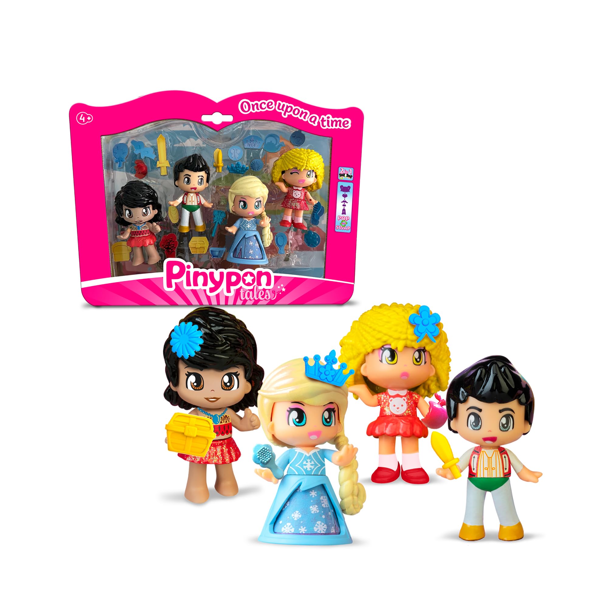 Pinypon – Pack of 4 Storytelling Figures, Includes Goldilocks, Ice Princess, Prince of the Magic Lamp and Princess of the Ocean, 20+ Themed Accessories, Famous (PNY87000)