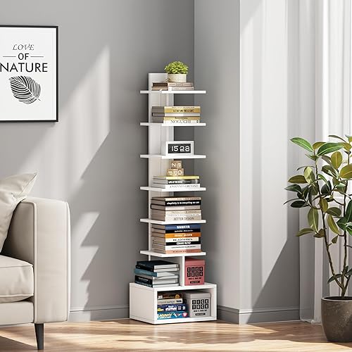 Miniatura 21 de TUTOTAK - Estantería estrecha, estantería de 8 niveles, estante de libros con espacio para la columna para espacios pequeños, estante de esquina de