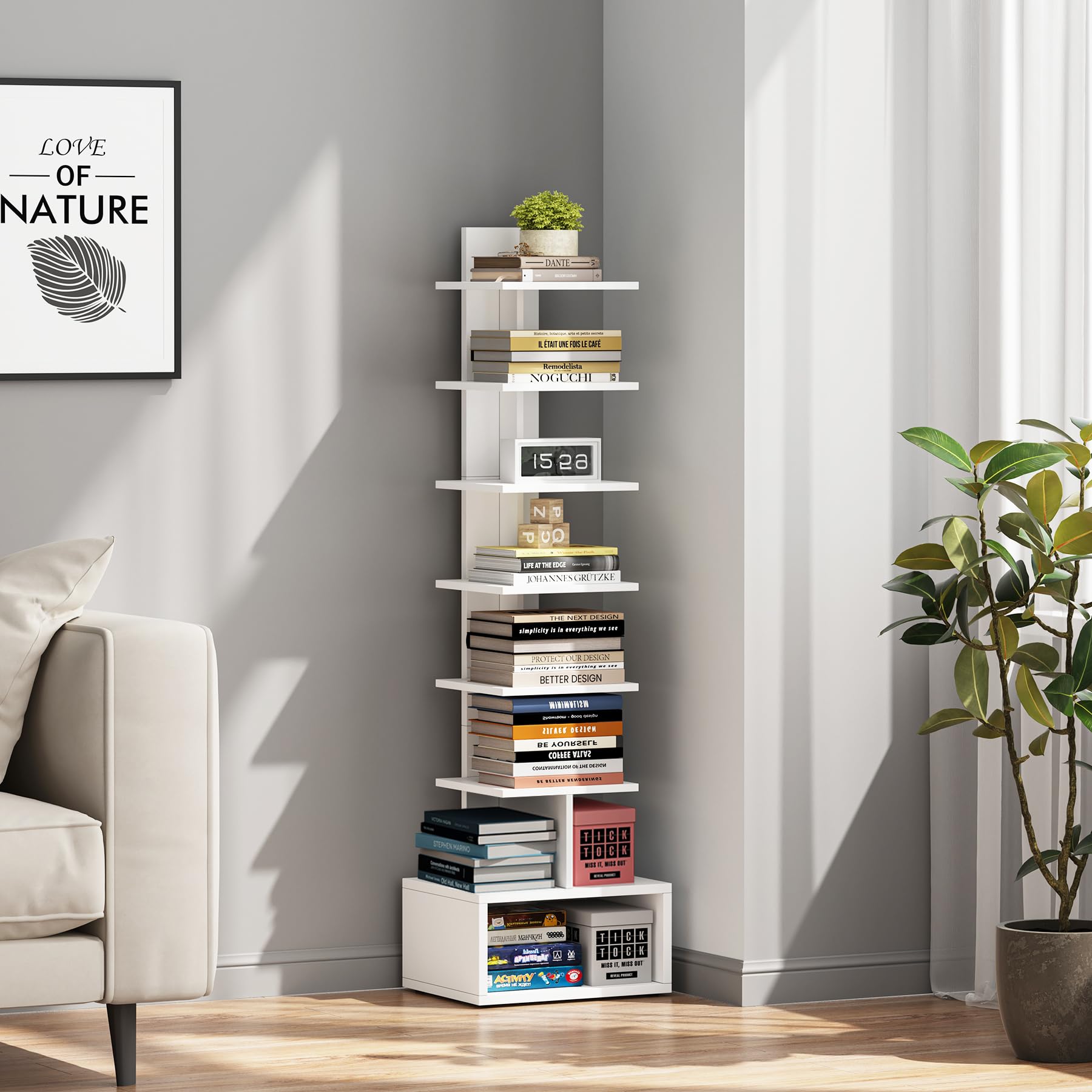 TUTOTAK Narrow Bookshelf, Vertical 8-Tier Bookcase, Spine Book Shelf for Small Space, Small Standing Shelf for Living Room, Office, Study, Entryway,