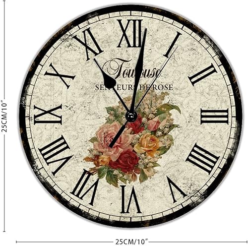 Miniatura 2 de Toulouse Senteurs De Rose - Reloj de pared de PVC, diseño floral francés, redondo, funciona con pilas, cuarzo silencioso, 10 pulgadas, rústico,