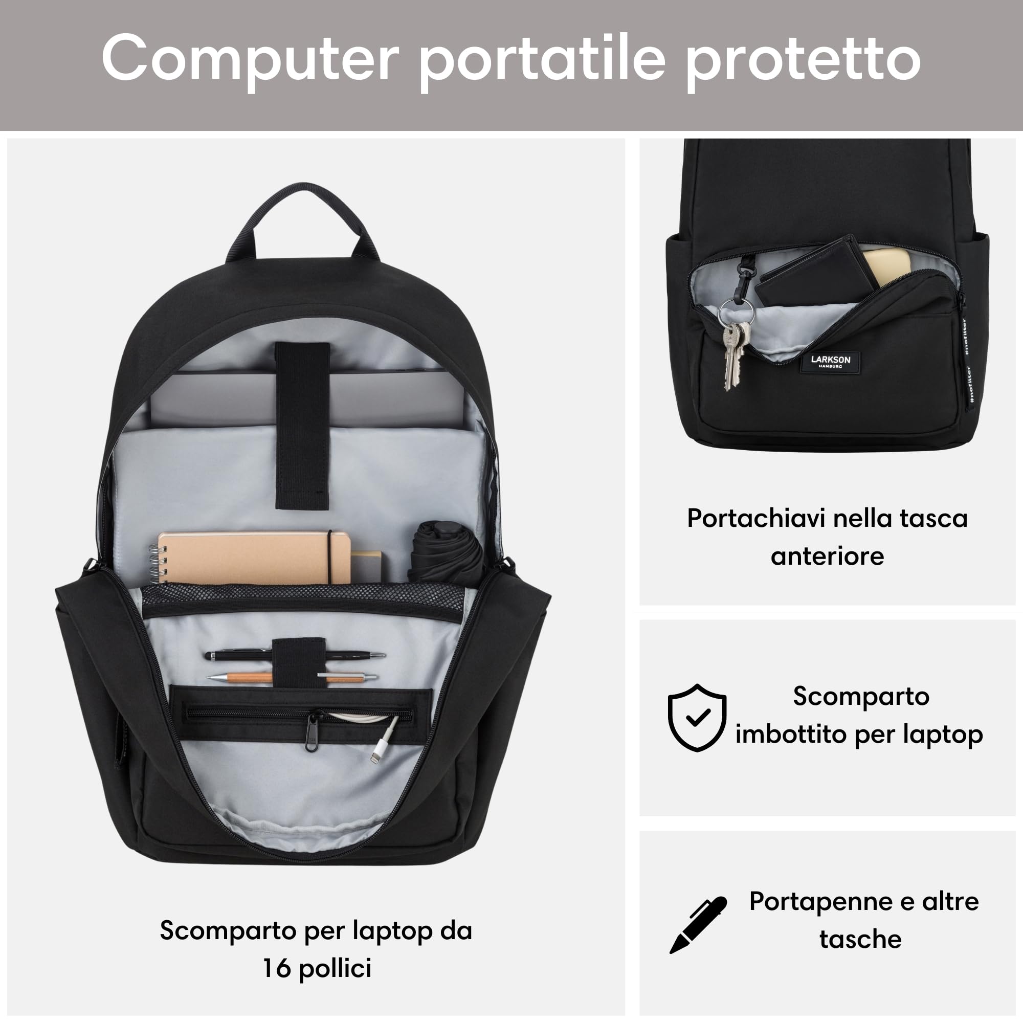 LARKSON Zaino Scuola Nero - No 3 - Zaini Ragazza & Ragazzo Per Scuola Media Superiore, Università - Backpack Piccolo Porta Pc 16 Pollici - 15L - Idrorepellente