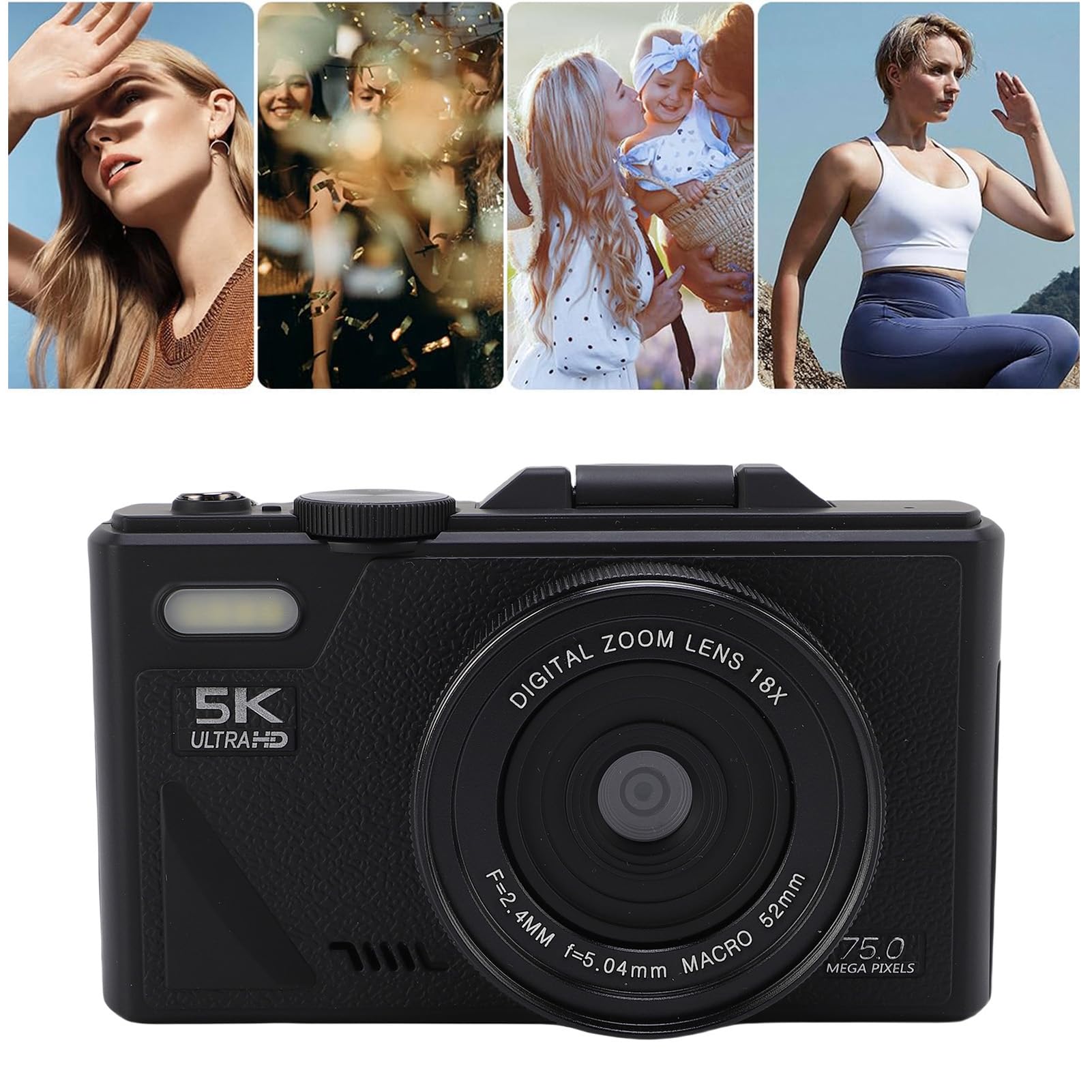 Fotocamera digitale 5K per Fotografia, 75MP Vlogging Camera con WIFI, Schermo Ribaltabile da 3 a 180°, Zoom 18X, Autofocus, Anti Shake, Fotocamera da Viaggio per Principianti
