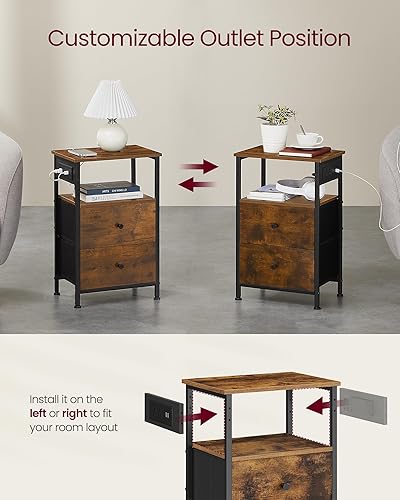 Miniatura 6 de VASAGLE Mesita de noche con estación de carga, juego de 2 mesitas de noche, mesa auxiliar con 2 cajones y 1 estante abierto, cajones de tela con
