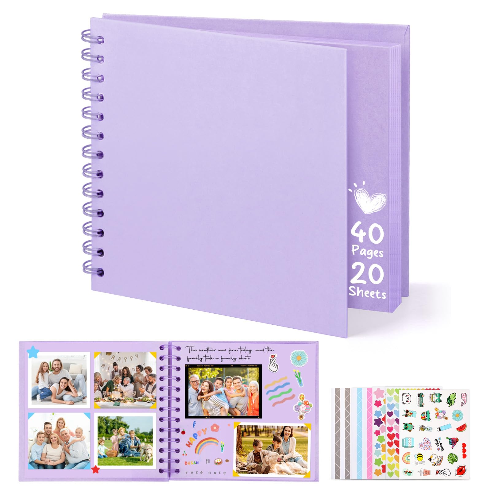 DazSpirit Fotoalbum zum Selbstgestalten, 6-inch Fotobuch zum Einkleben, Quadratisches Hardcover-Scrapbook und Gästebuch Geburtstag für Abschluss, Hochzeit, Babys, mit 5 Aufkleber, 40 Seiten, Lila