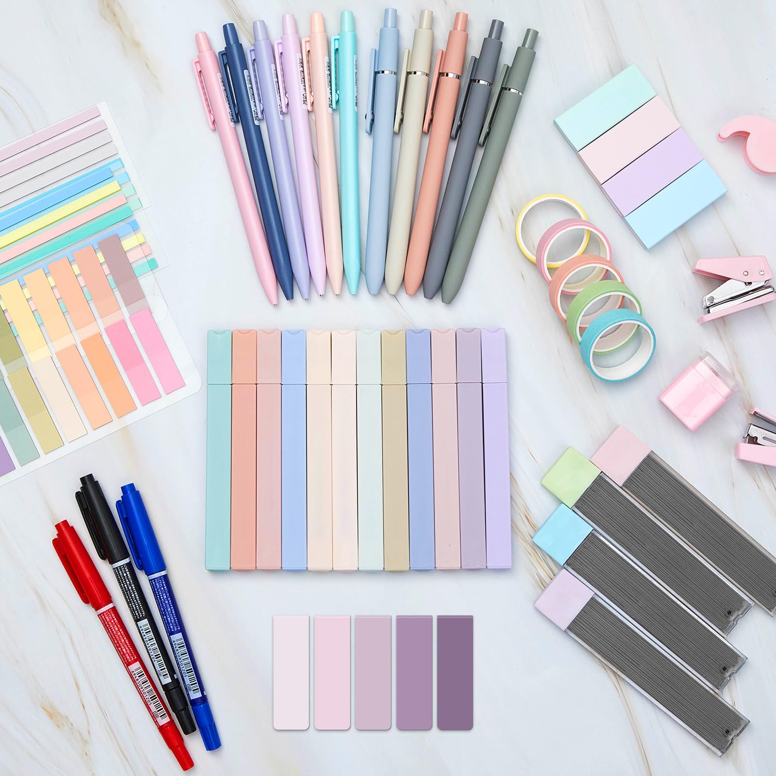 Sinload Kit de anotación de libro estético de 60 piezas, estuche con marcador de gel, lápiz mecánico, marcadores magnéticos, pestañas adhesivas transparentes, mini suministros de oficina (morado)