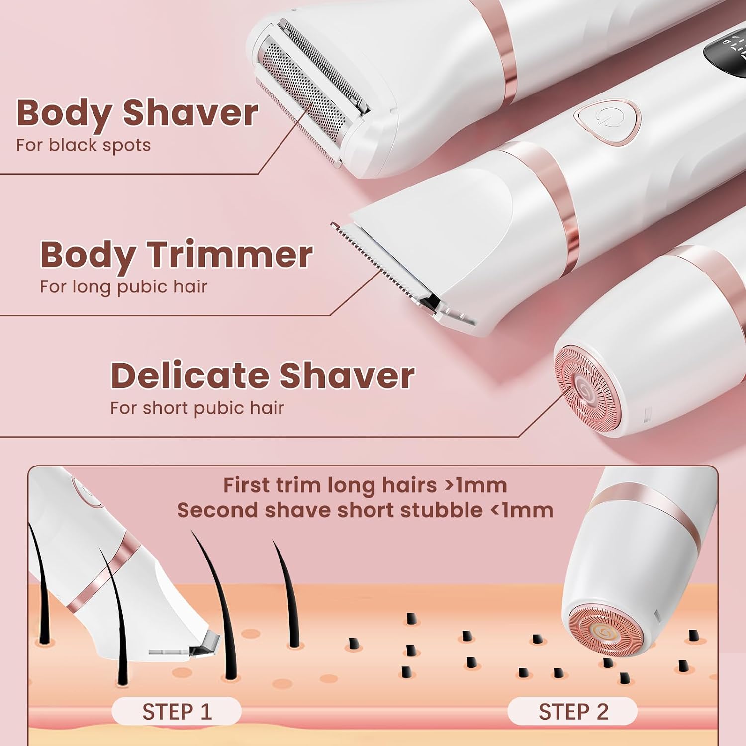 Bikini Trimmer for Women, Electric Razors Waterproof Cordless Rechargeable MAXGROOM 3 in 1 Pubic Hair Trimmer Women, LED Display, Electric Bikini Shaver for Ladies Pubic, Body, Face, Legs (White)