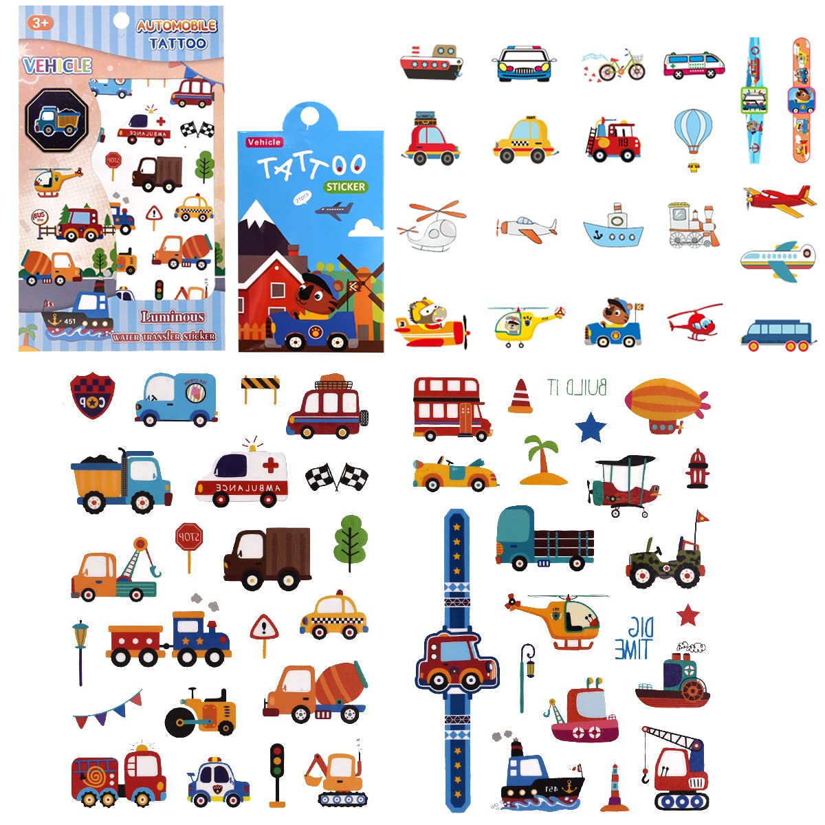 64 Pcs Temporary Tattoos for Kids Tattoo Children's Vehicles Tattoos Sticker Set Vehicle Theme Party Supplies Birthday Decorations Supplies for Boys Children