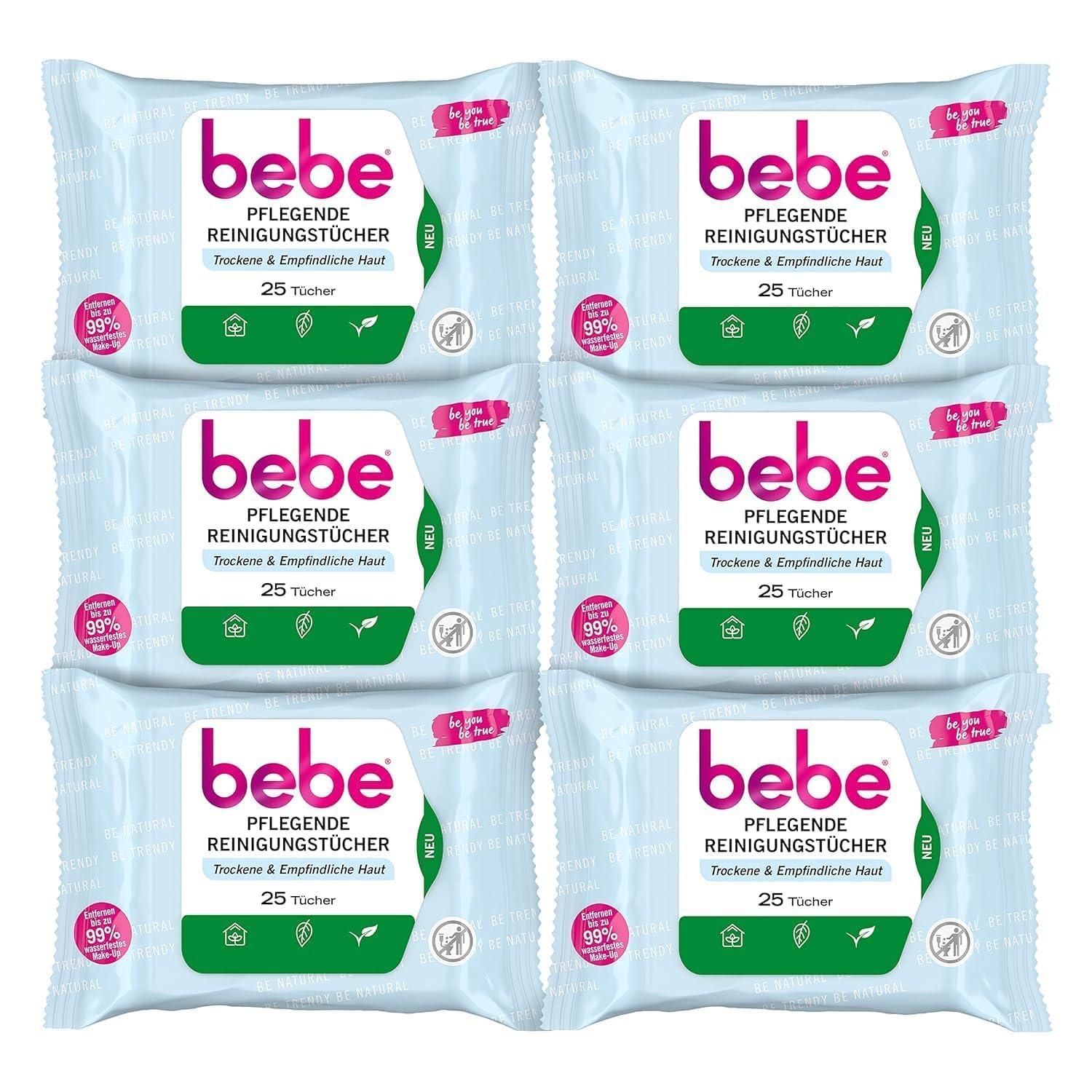 bebe Pflegende Reinigungstücher (6 x 25 Tücher) mit Kokoswasser, besonders milde Abschminktücher aus Fasern 100% pflanzlichen Ursprungs für trockene & empfindliche Haut
