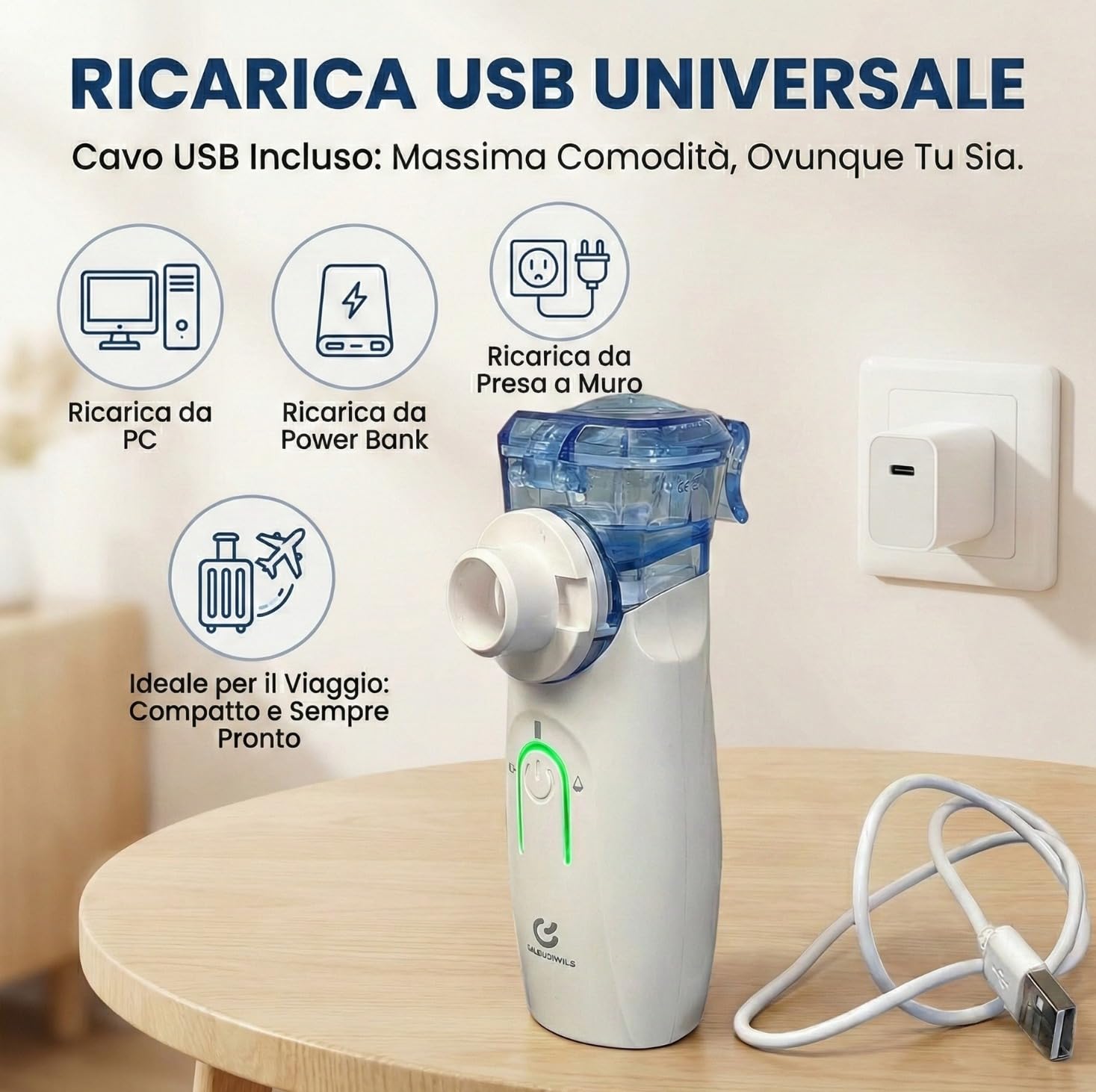 Aerosol Portatile Silenzioso Tecnologia Mesh per Bambini e Adulti, Nebulizzatore USB Ricaricabile per Tosse e Raffreddore, Inalatore da Viaggio Certificato CE con Mascherine e Boccaglio